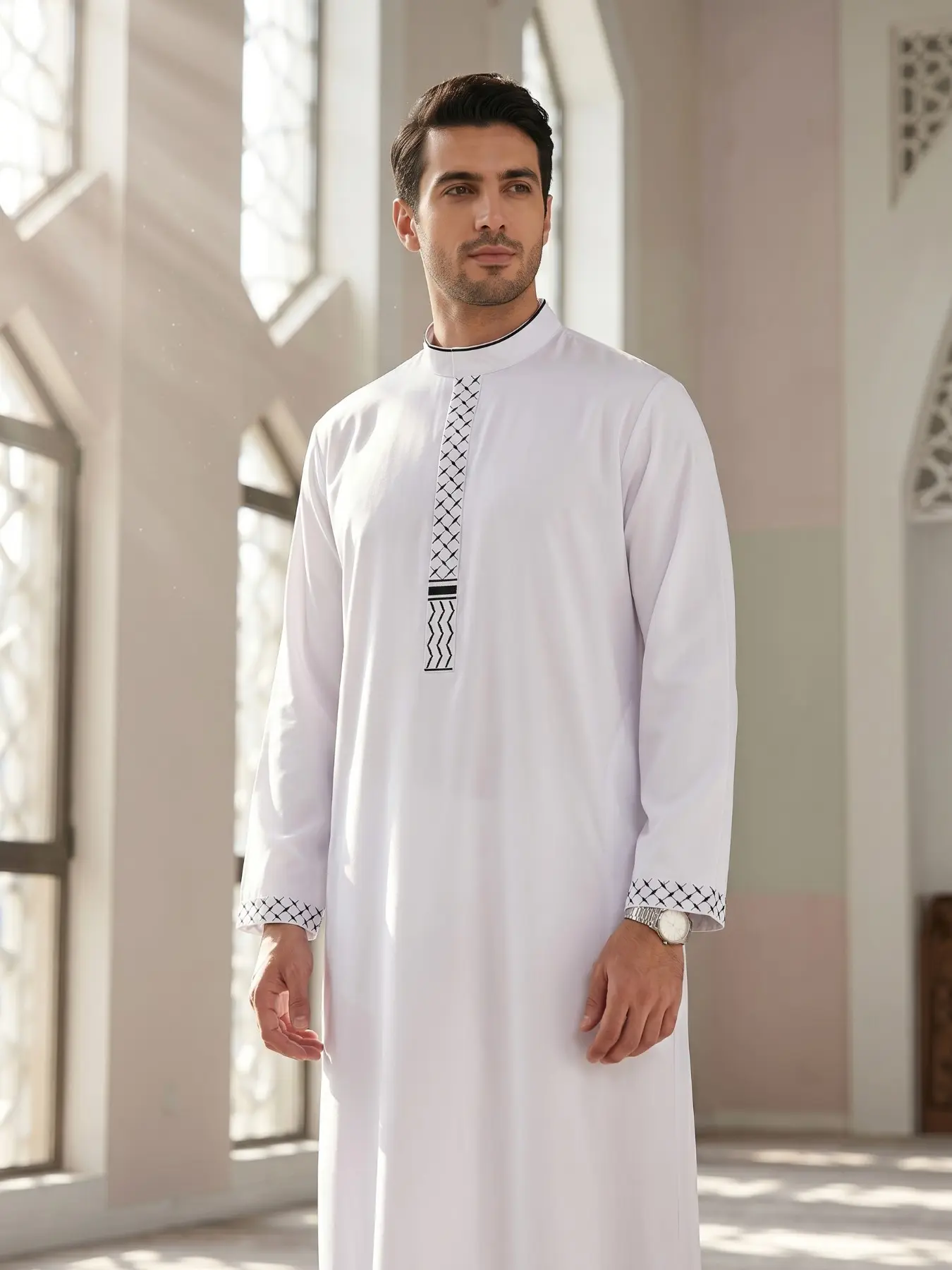 Islamic Traditional Men's Stand Collar Long Robe Islamic Arab Thobe, Classic Daily Wear, Festival Attire, Gift for Loved Ones, For Muslim