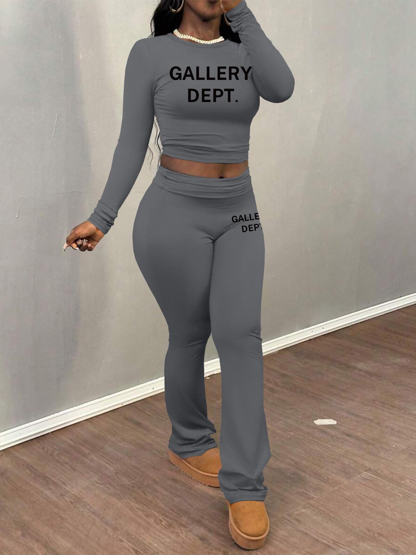 Women's Letter Print Fitted Crop Tee & Plain Flare Leg Pants Two-piece Set, Casual Fashion Round Neck Long Sleeve Top & Bell Bottom Trousers for Daily Outdoor Wear, Women's Clothing for Fall & Winter