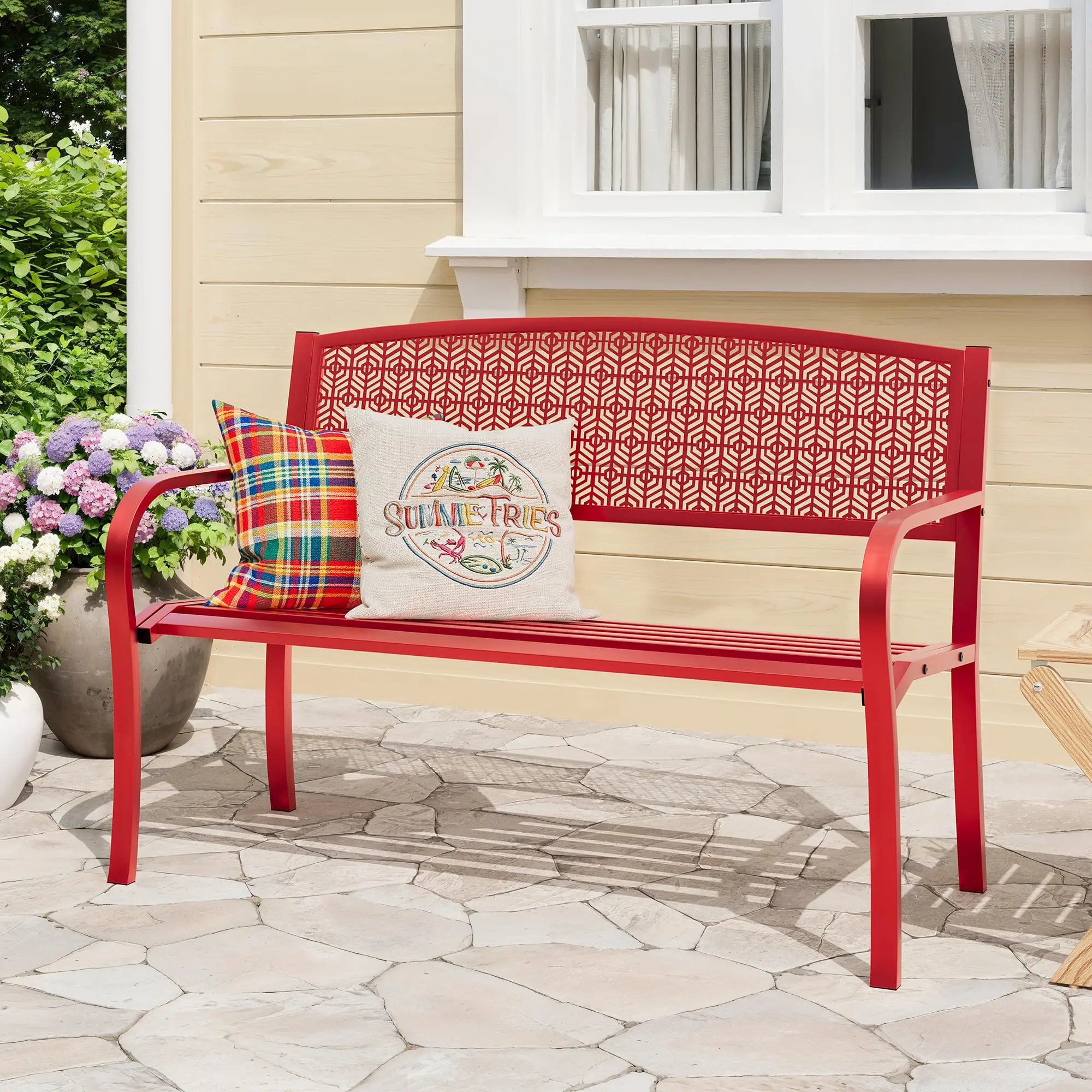 50" Heavy-Duty Geometric Curved Metal Garden Bench, Decorative Arched Backrest, 300LB Capacity Steel Outdoor Bench for Porch, Backyard, Easy