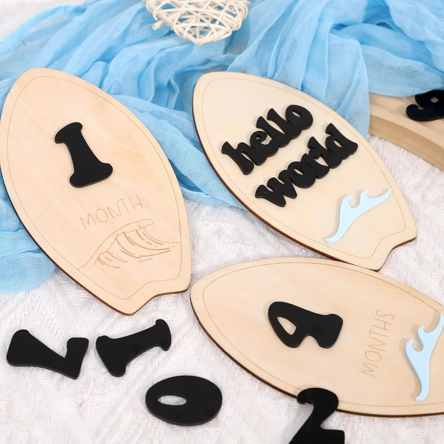 Wooden Surf  Monthly Milestone Cards - Beach First Year Monthly Milestone Markers,  Waves Interchangeable Month Milestone Discs,  Photo Props