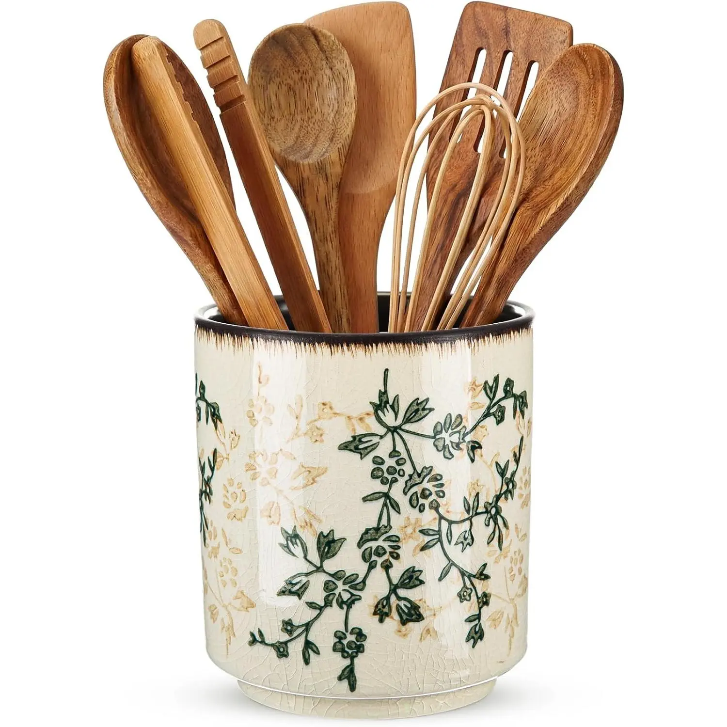 Kitchen Ceramic Utensil Holder Rustic 5.5" Brown Green Floral Utensil Crock for Countertop Tuscany Cooking Tools Storage  for Spatula Spoon  Decor Housewarming