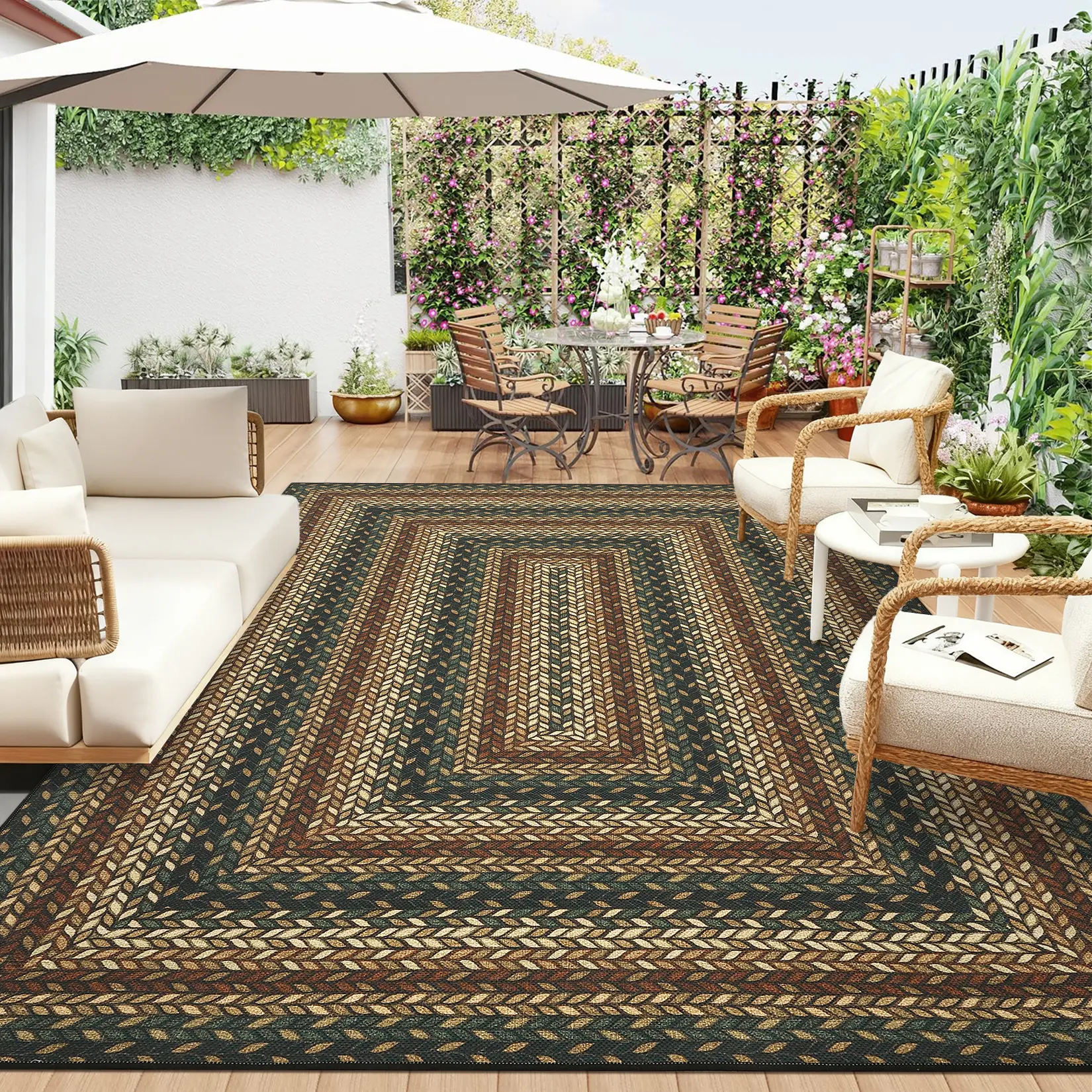 Washable Easy Jute Rug for Living Room, Indoor Outdoor Patio Non Slip Rugs for Bedroom, Geometric Bordered Farmhouse Dining Room Mat Modern Carpet Area Rug for Home Office Decor
