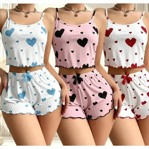 3PCS/Set 3Colos Blue+pink+red Cute Heart Print Pajamas Set | Comfortable Crew Neck Tops with Bow Decoration and Shorts, Perfect Valentine'S Day Gift Short Cami Nightgown For Daily Wear
