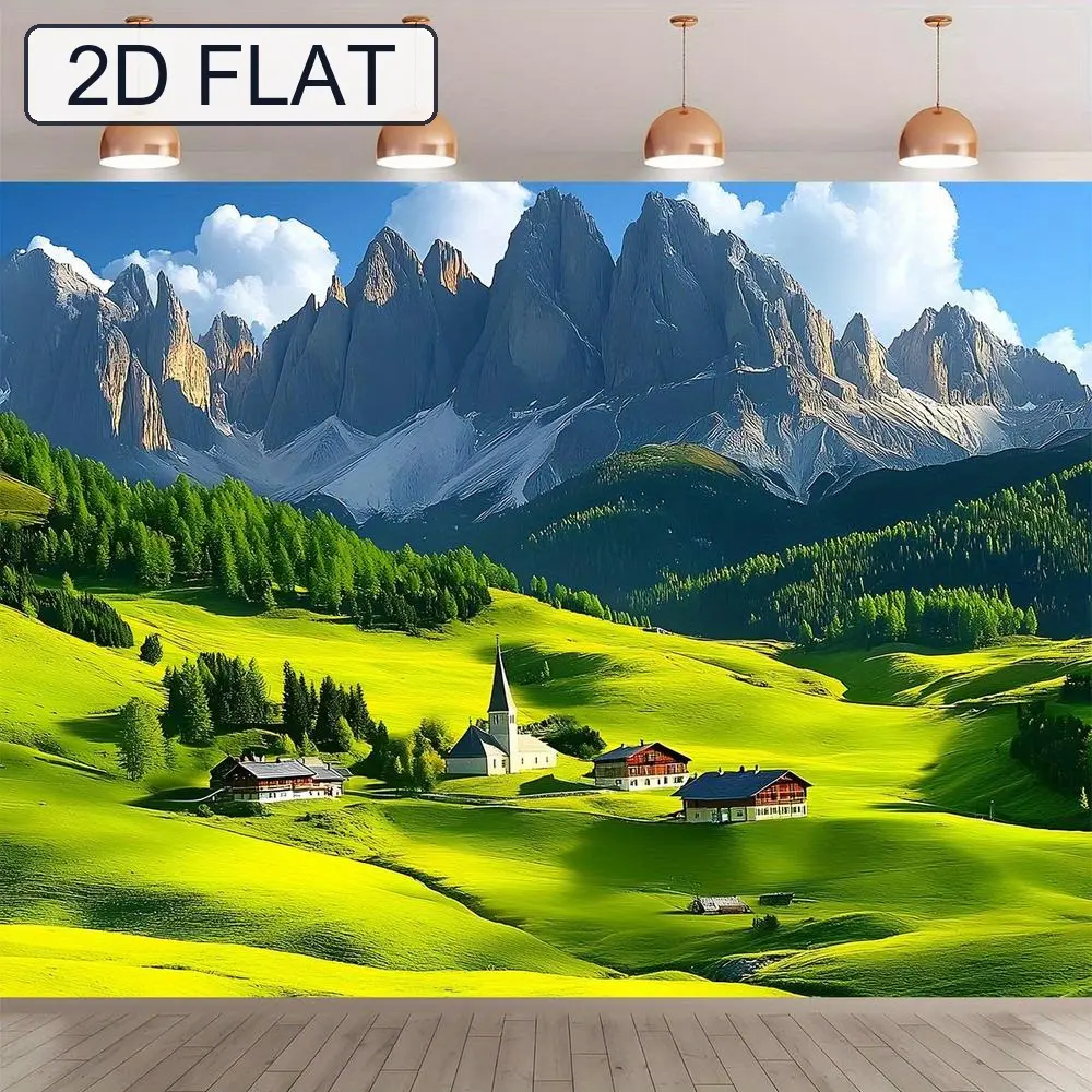 1pc Soft 2D Flat Swiss Alps Farm Backdrop Banner - Vibrant Alpine Landscape with Snow-Capped Mountains, Green Fields, Red Barns - Durable Indoor Photographic Backdrop for Glam Look Parties, Photography, One-Piece