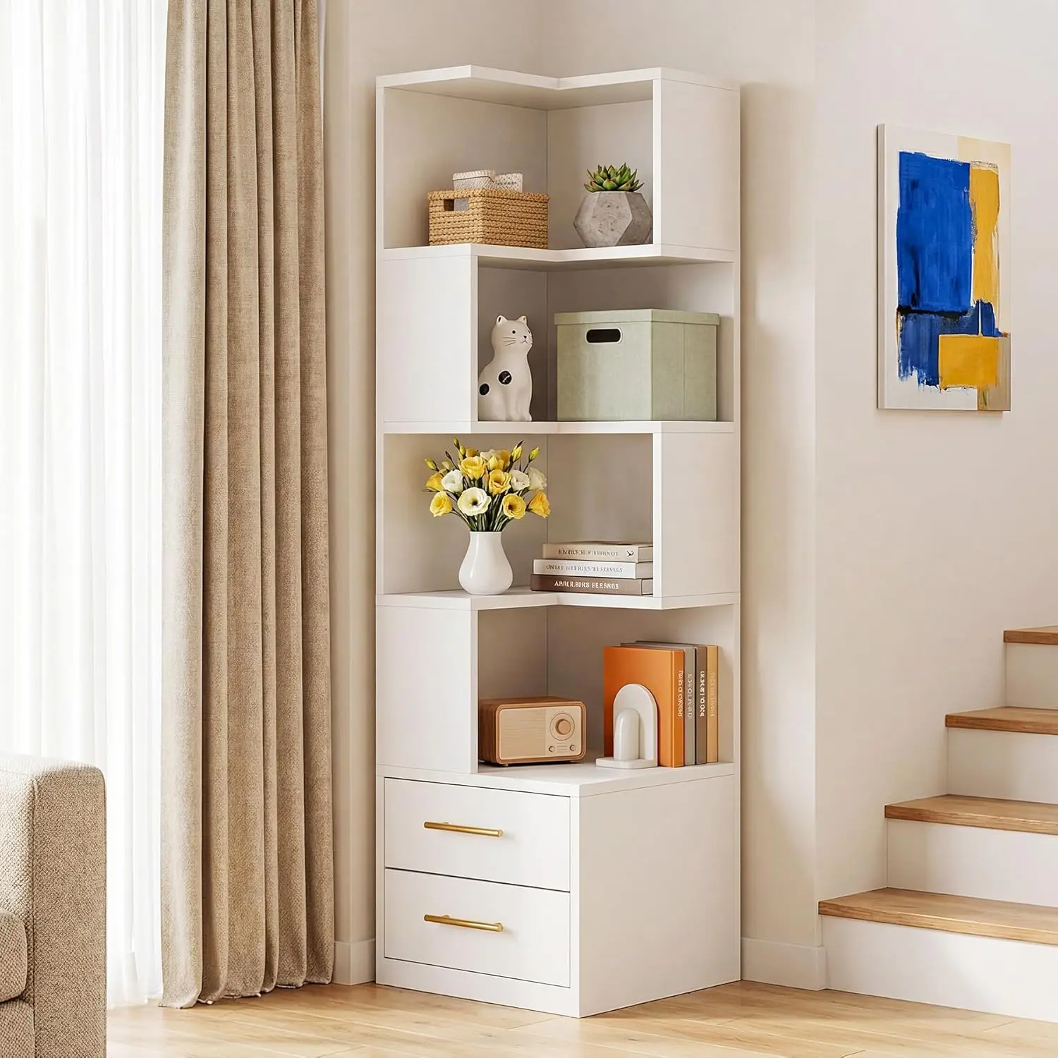 LustreC 5-Tier L-Shaped Corner Wood Bookcase - 66.9" Tall Durable Iron Wood Indoor Storage Organizer, Storage Furniture with 2 Drawers, Cabinet for Living Room, Home Office (White)