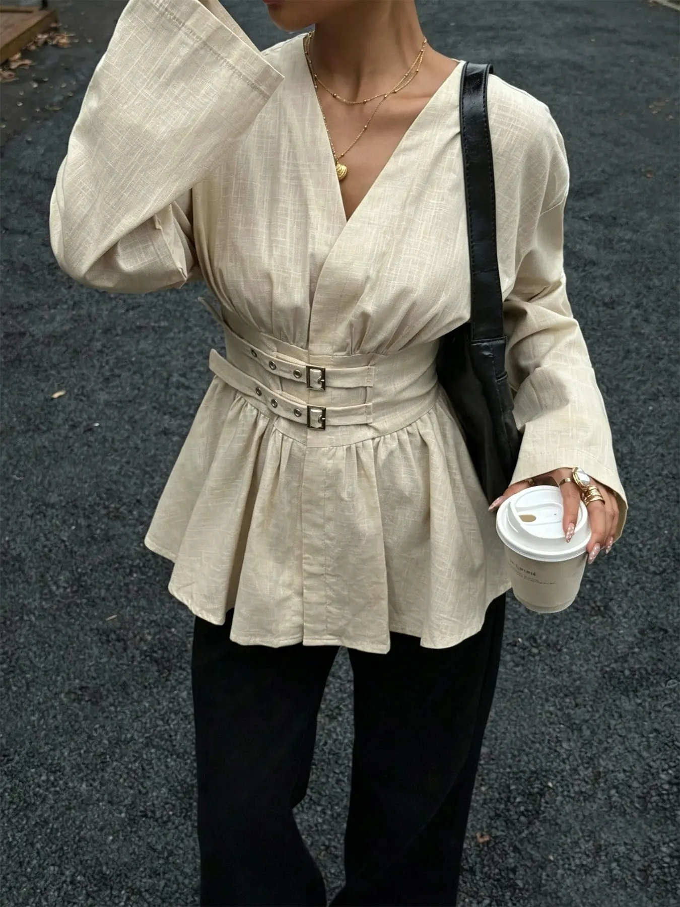 Autumn Top, Soft Skin-Friendly Casual Shirt, Waist-Cinch Dual Strap Long Sleeve, Elegant Women's Office Blouse