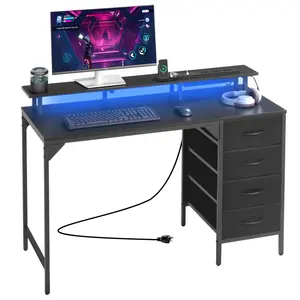 VEVOR 47" Computer Desk with LED Lights Power Outlets, Gaming Table with 4 Large Drawers, Office Desk with Monitor Stand, Study Work Home Office, Small Spaces, Black