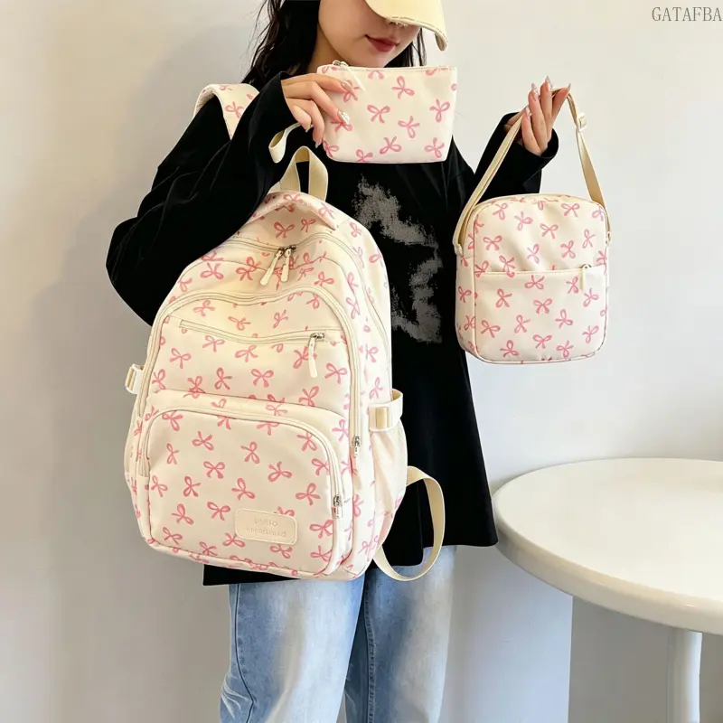 Trendy 3-Piece Backpack Set with Bow Decor, Large Capacity Casual School Backpack for Students, Daily Matching Daypack