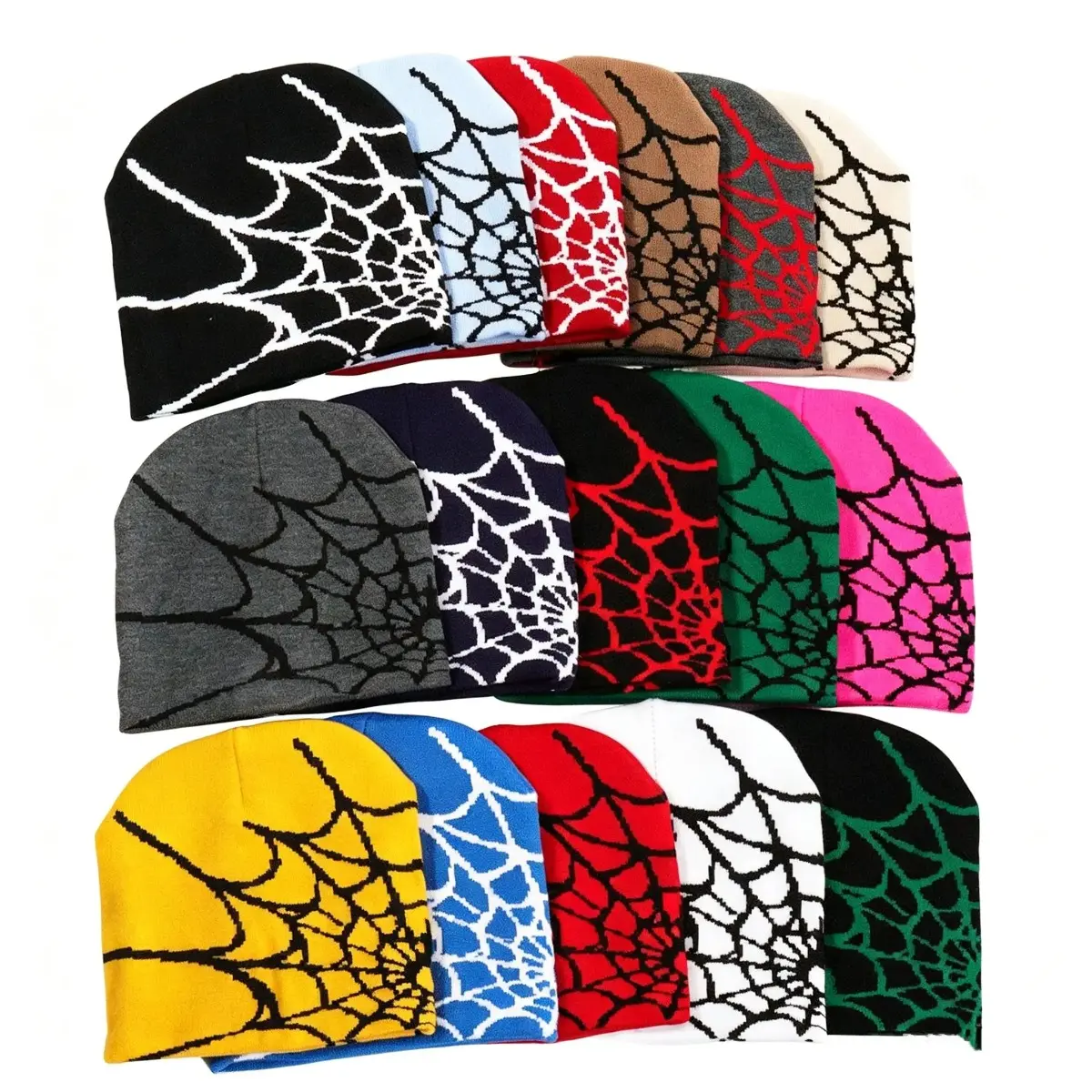 Spider Web Jacquard Knit Beanie Hat for Men and Women, Y2K Gothic Winter Cap with Trendy Pattern Design, Warm Stretch Knit Headwear for Daily Wear
