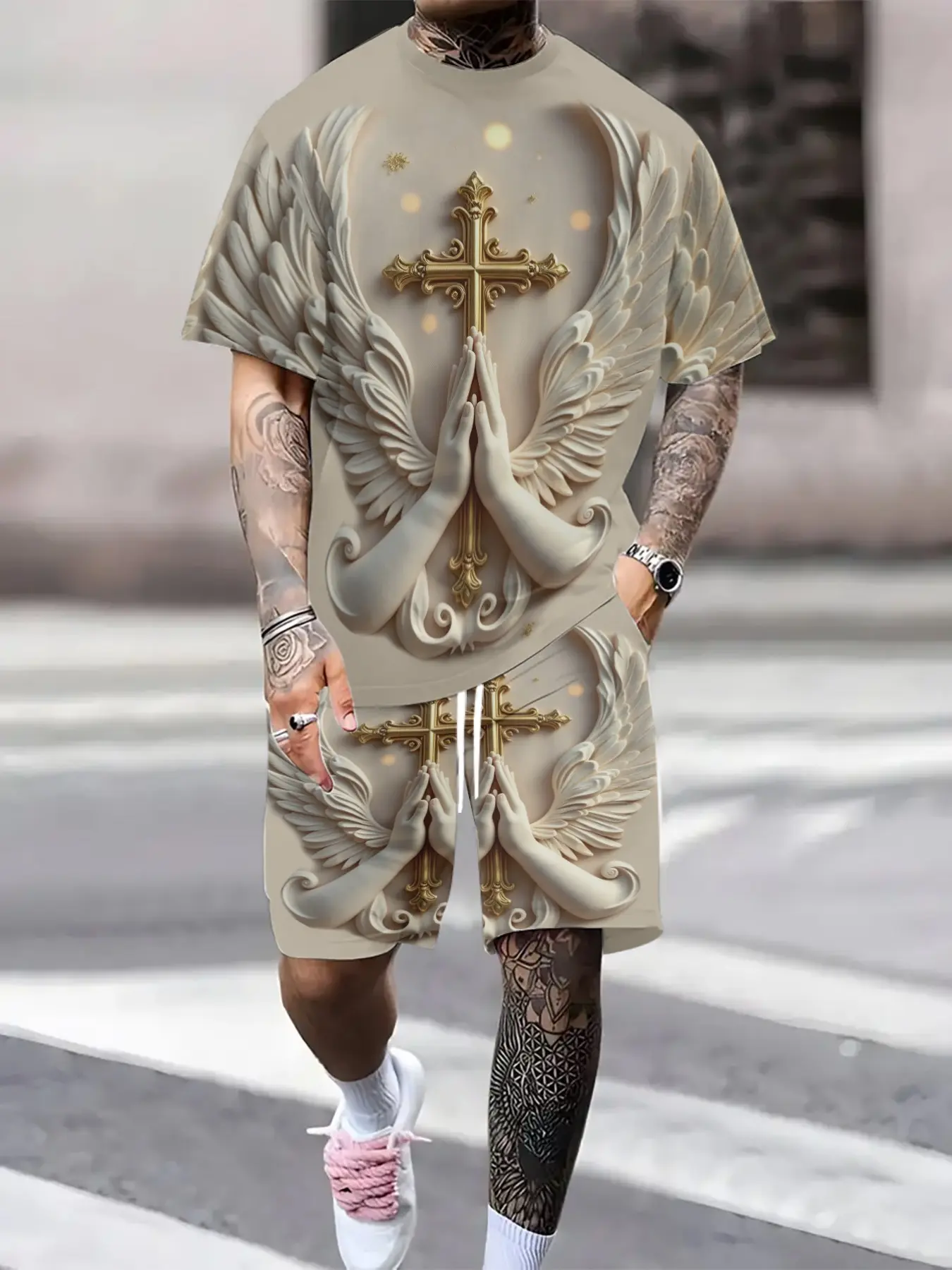 Men's summer casual sportswear set, Casual activewear set, Short Sleeves Set, featuring a printed gold cross with wings and praying hands design, the lightweight, breathable short-sleeved t-shirt and shorts, suitable for outdoor leisure and street style