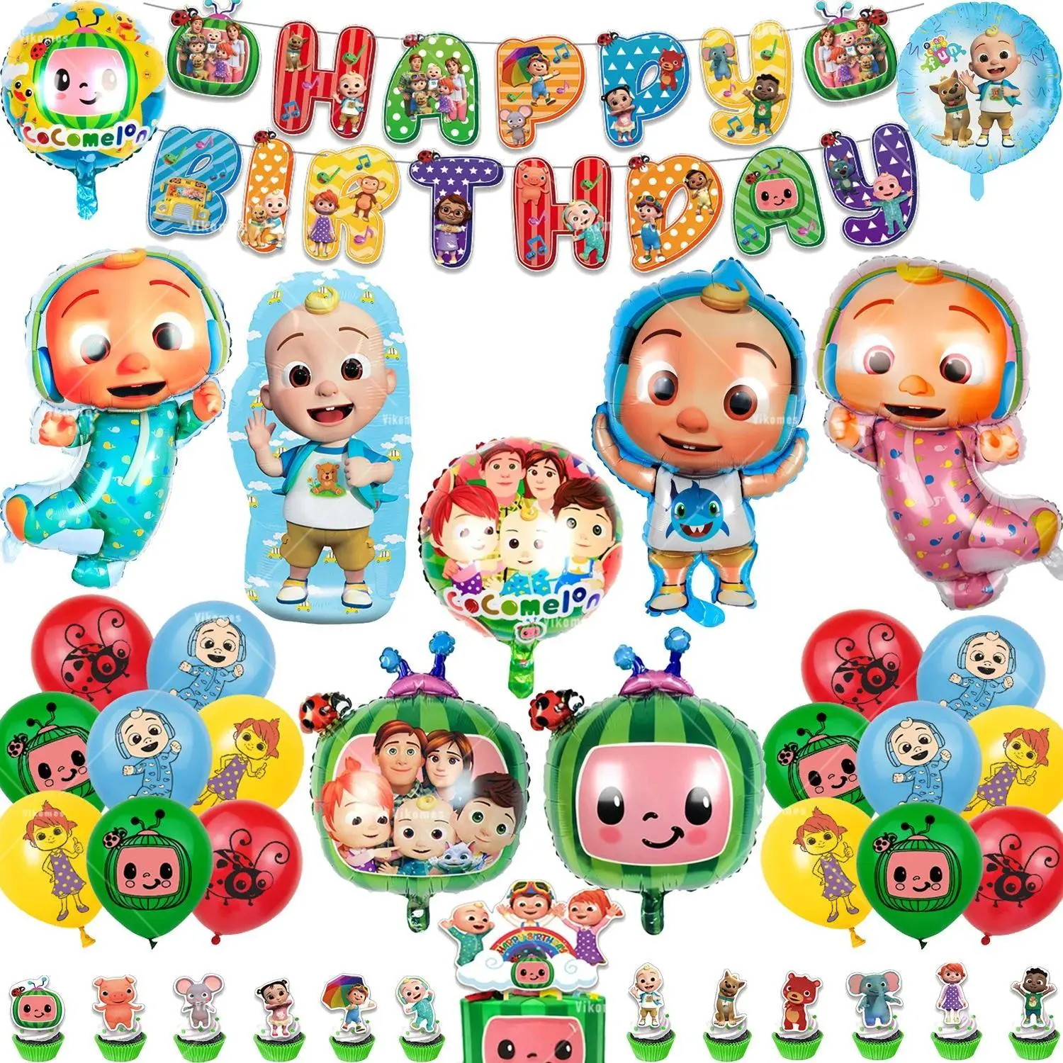 Cocomelon Balloon JJ Melon Watermelon Toy Happy Birthday Banner Party Decoration Backdrop Cake Topper JOJO Disposable Tableware