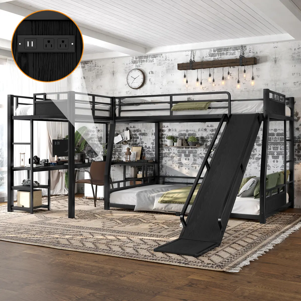 Kids Triple Bunk Bed L-Shaped with Slide Full/FullXL over Queen with Twin XL Loft Bed, Desk, and Storage Shelves,USB Charging Port Included, Heavy-Duty Metal Triple Bunk Bed with Slide,Black