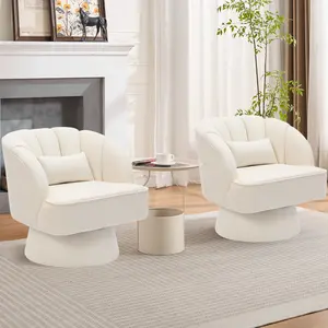 Modern Swivel Barrel Accent Chair（1 piece) – 360° Rotating Upholstered Lounge, Striped Backrest, Soft Cushion & Pillow, Cozy Vanity or Living Room Armchair – Beige