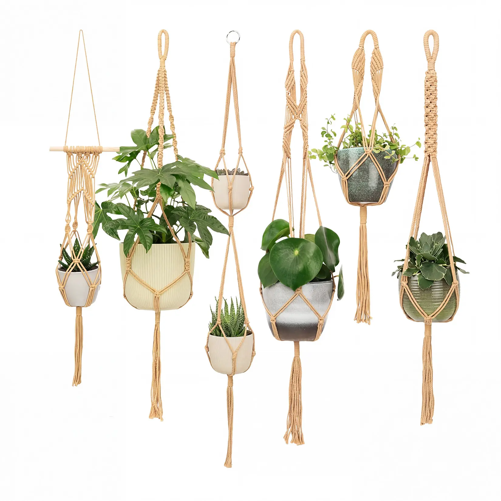 Garvee Boho Macrame Plant Hangers Set (6-Pack) - Handwoven Cotton Indoor Hanging Planters - Mixed Lengths for Layered Display - Fits Multiple Pot Sizes