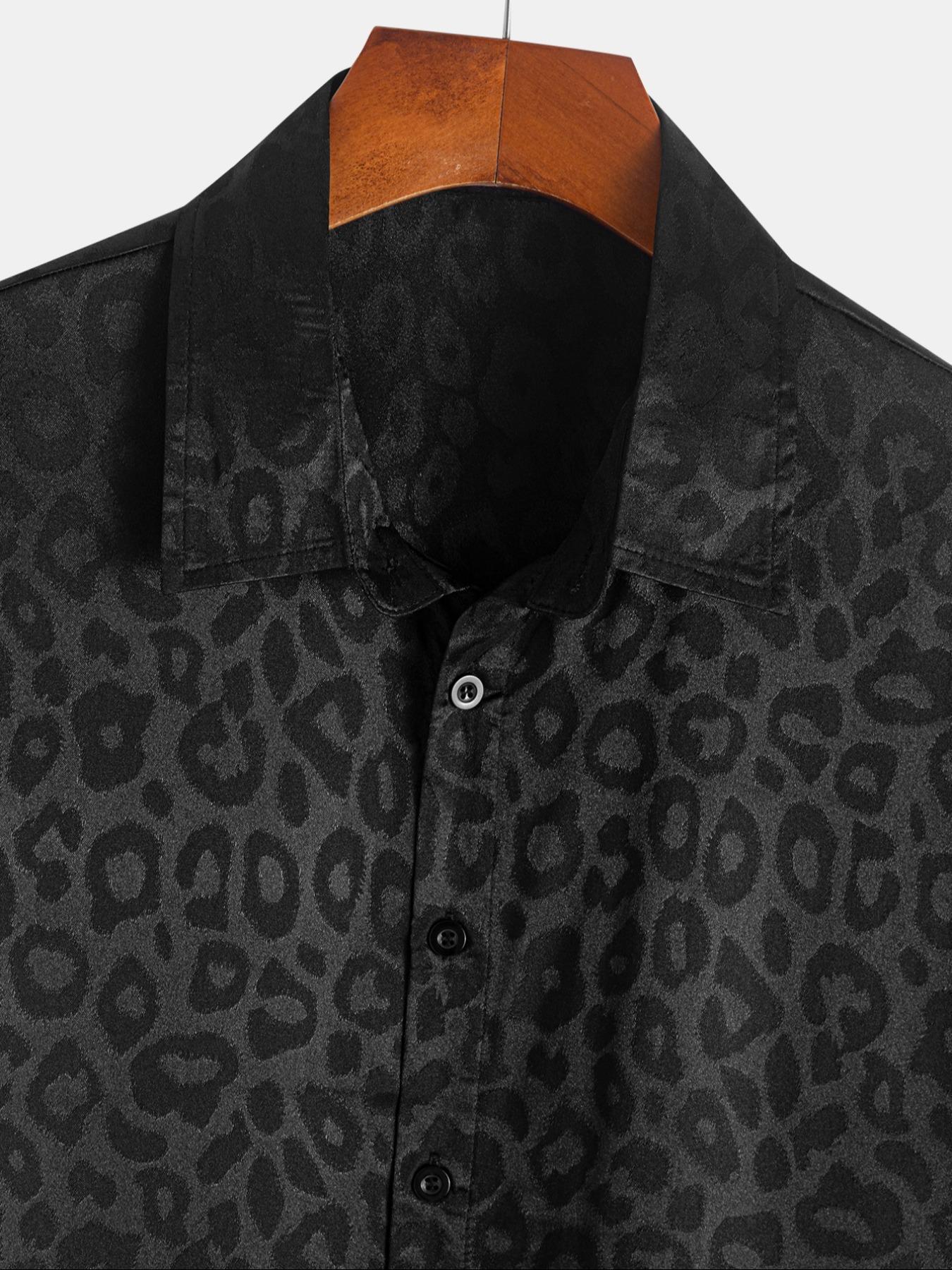 Men's Leopard Jacquard Satin Short Sleeve Shirt, Casual Party Shirt, Regular Fit Casual Soft Comfy Button Front Collared Top for Summer, Fashion Men's Clothes for Daily Wear