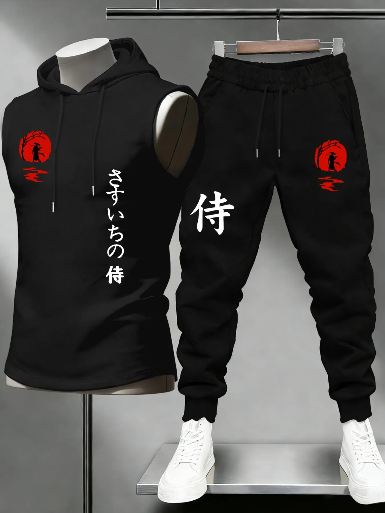 Men's Japanese Swordman Graphic Print Set, Hooded Sleeveless T-Shirt Vest + Drawstring Sports Pants, Casual Outdoor Wear, Casual Sportswear Outfit, Casual Sports Style, Athletic Sets, All Seasons