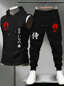 Men's Japanese Swordman Graphic Print Set, Hooded Sleeveless T-Shirt Vest + Drawstring Sports Pants, Casual Outdoor Wear, Casual Sportswear Outfit, Athletic Sets, All Seasons