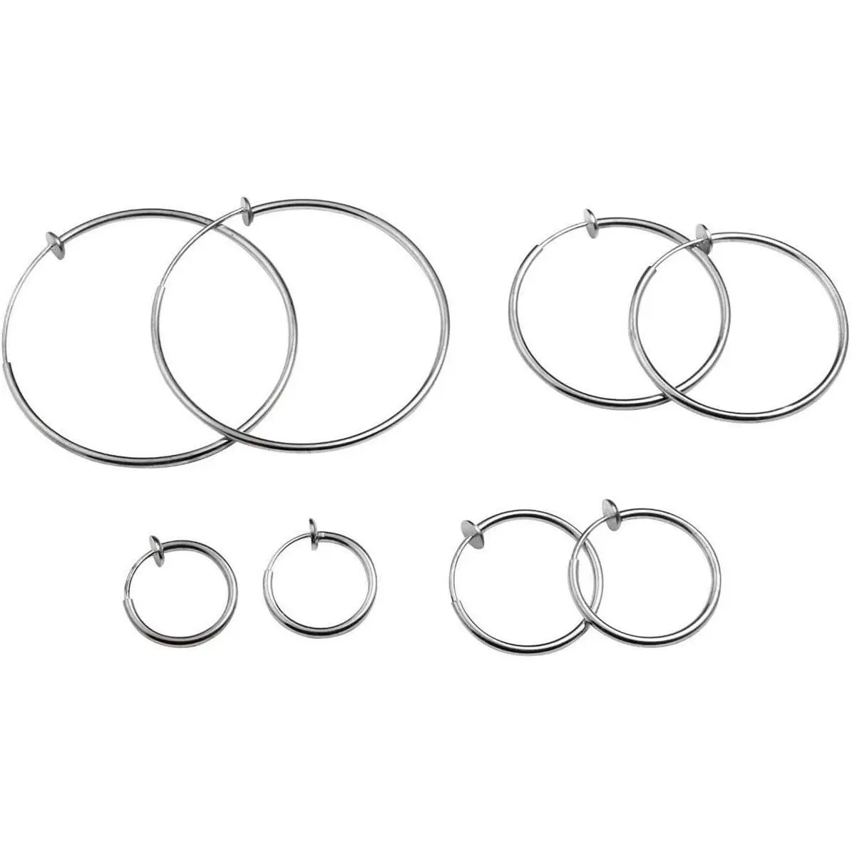 Modern Clip On Hoops for Women, Set of 4 Silver-Tone Plated Copper Earrings in 4 Sizes with Pinch-Free Spring Clips, Nickel-Free for Everyday Wear, Hoop Shape
