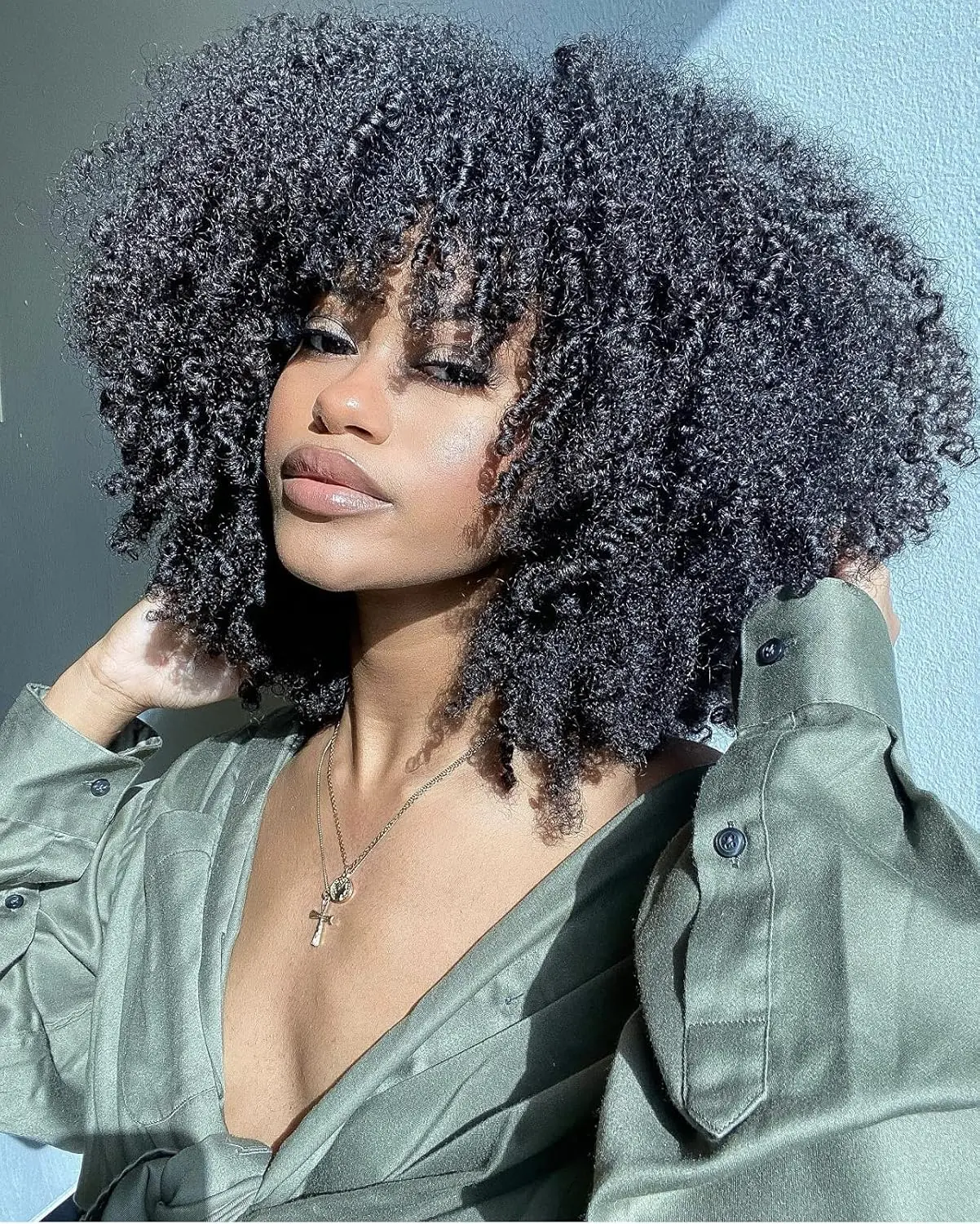 Afro Kinky Curly Human Hair Wig With Bang Brazilian Virgin Afro Coily Wigs Bangs For Black Women Machine Scalp Top Wig Glueless Muaby Hair