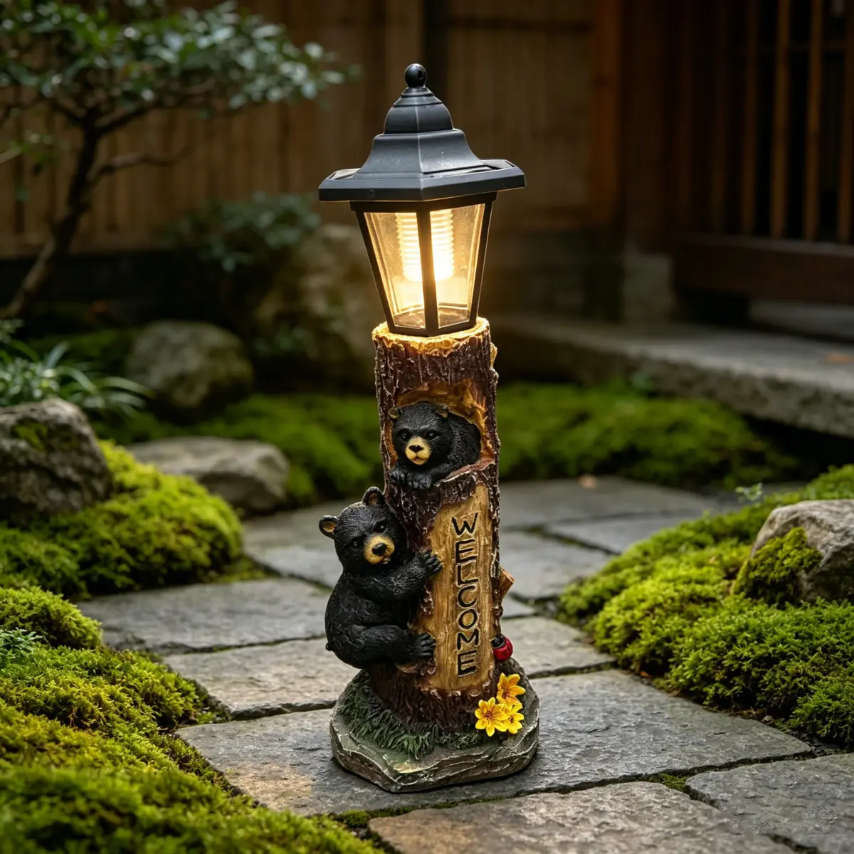 19-Inch Brown Resin Solar Bear Garden Statue, Freestanding Outdoor Ornament with Hand-Painted WELCOME Sign, Weather-Resistant Figurine with Solar Outdoor Lights, Tree-Trunk Design for Yard Lawn Cabin-Style Decor