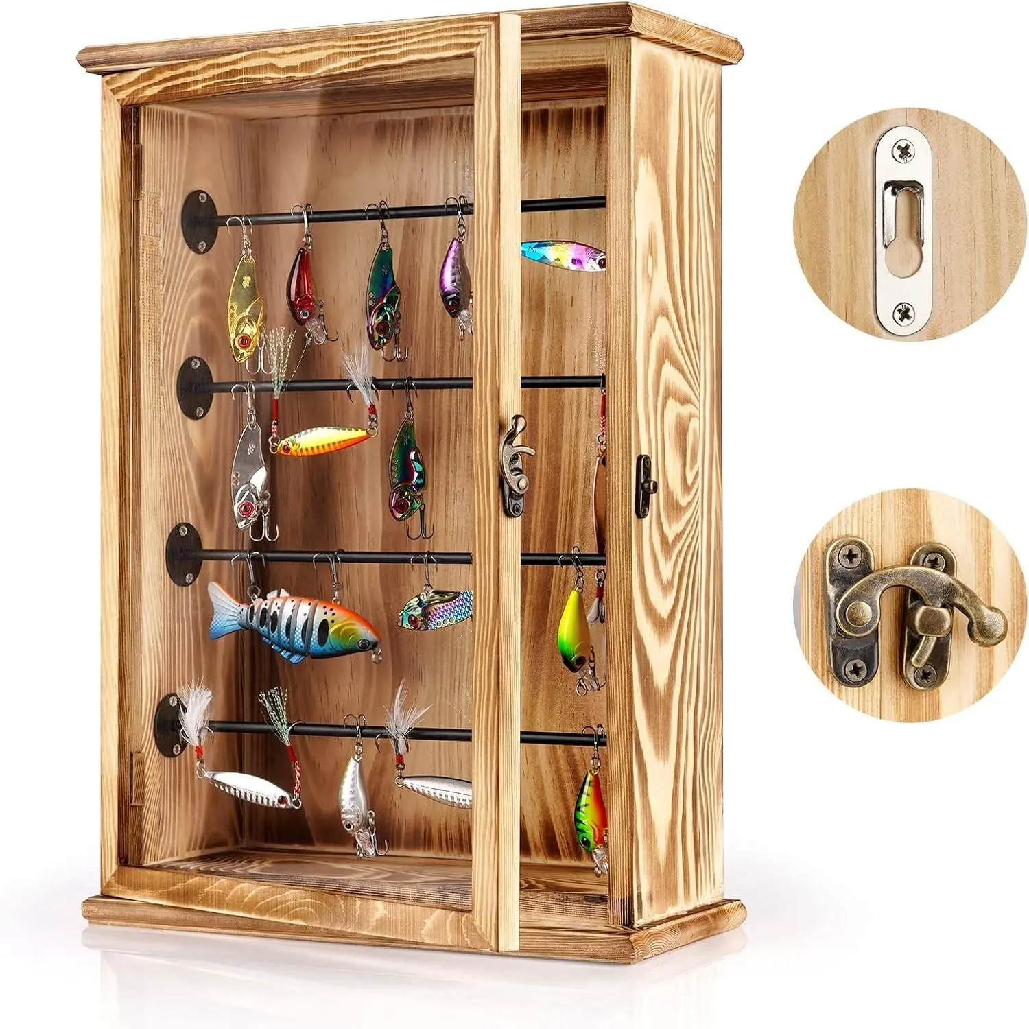 Fishing Lures Storage Display Wall Cabinet Lockable Tackle Box Organizer with Door, Fishing Gifts for Men for Study Room Collection Room Office Garage