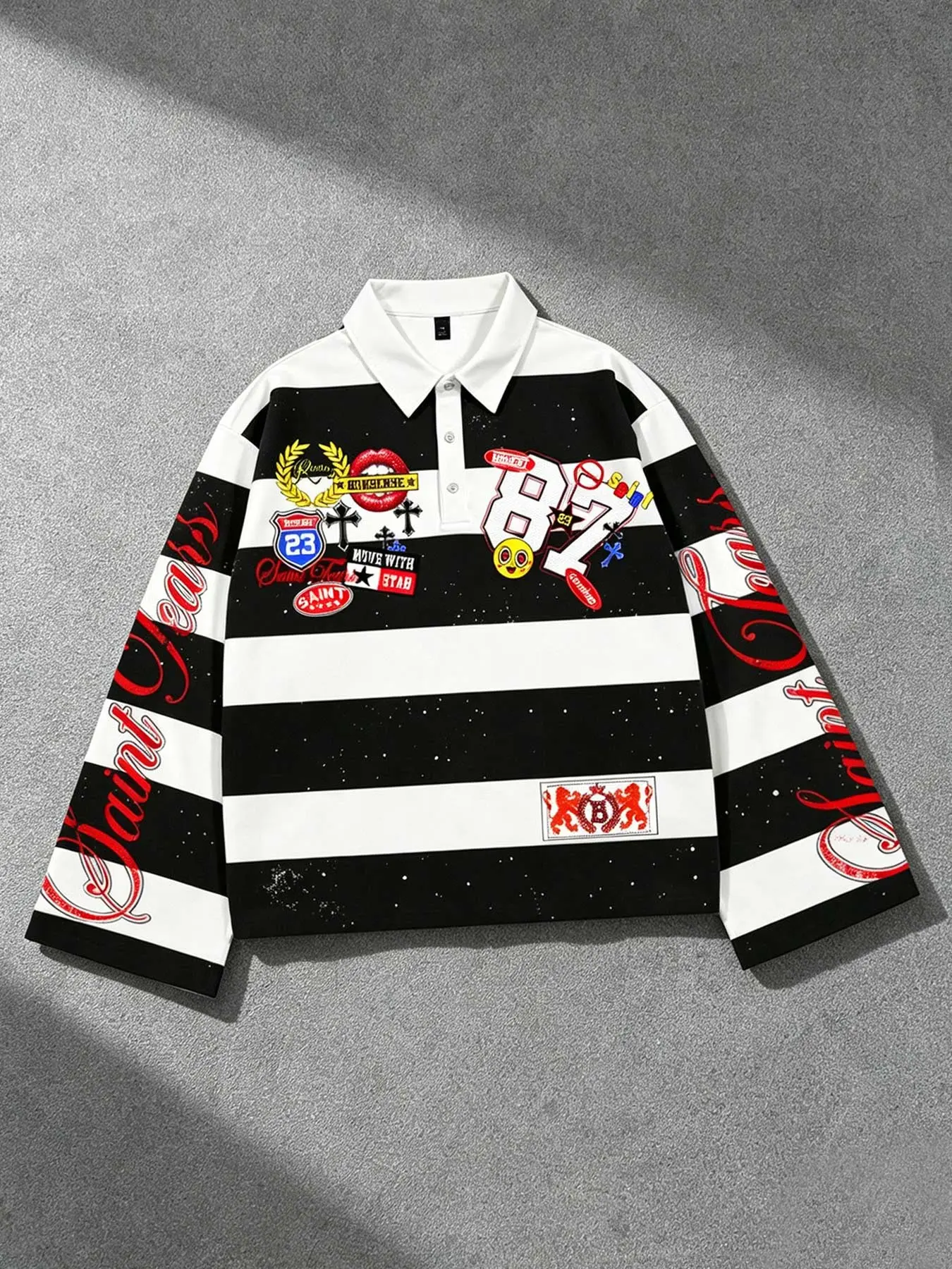 Badge 87 number striped print shirt long-sleeved Polo shirt for men, short version heavy-duty street style bell sleeve shirt collar T-shirt for women loose sports jersey rugby shirt for men spring and autumn, Y2K hip-hop loose casual lapel top Oversized