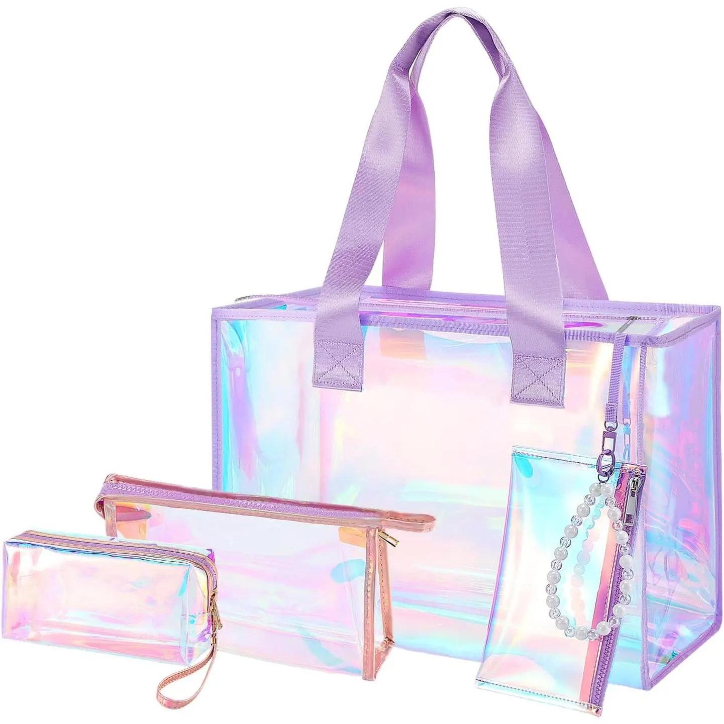 Iridescent Beach Tote Bag with 3 Small Pouch for Women | 26L  Clear Jelly Bag, Tip-Proof Foldable, Small Pouch for Phone Makeup, for Pool Cruise Travel Gifts