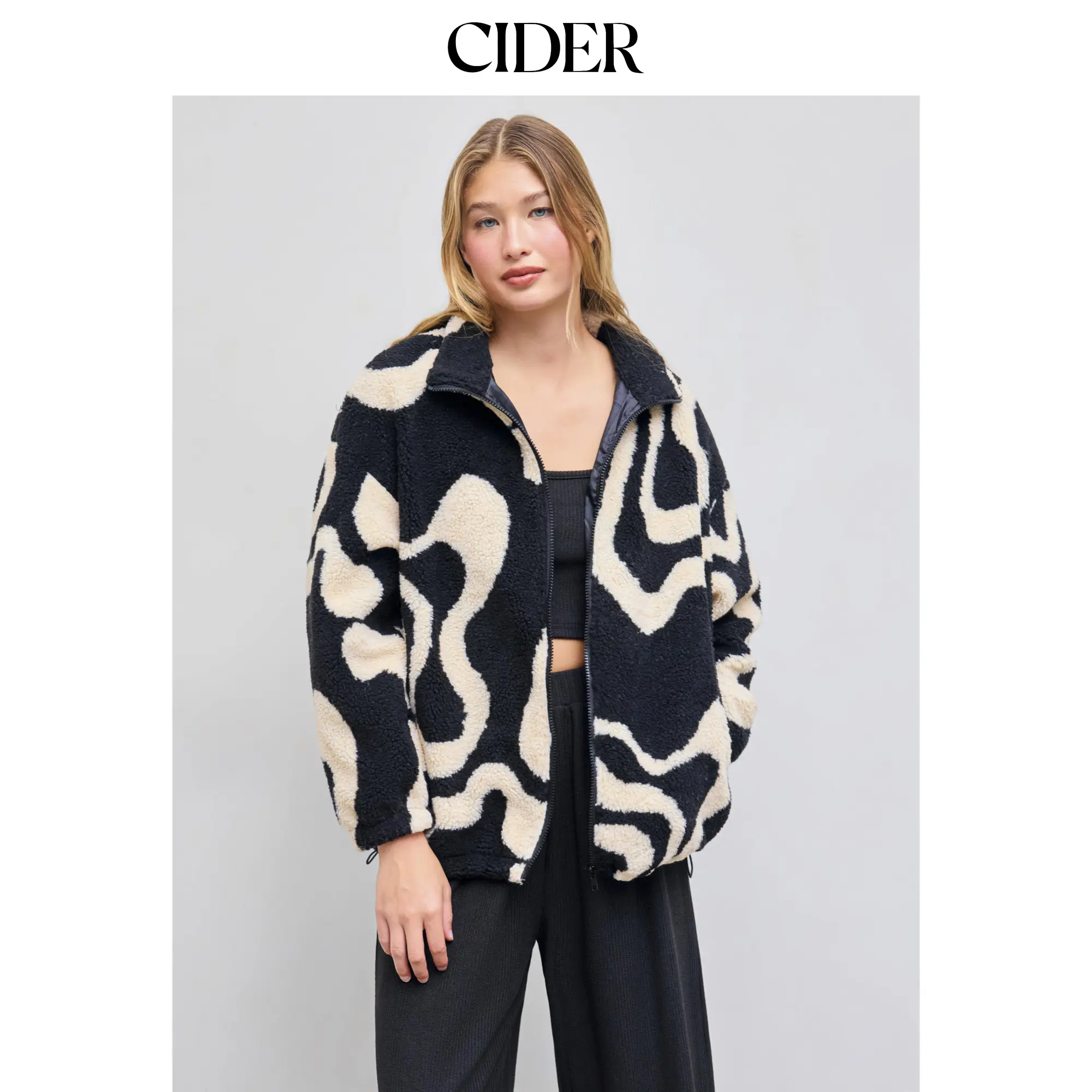 Cider [2 colors, size 2-26] Oversized Printed Fleece Zip Up Jacket