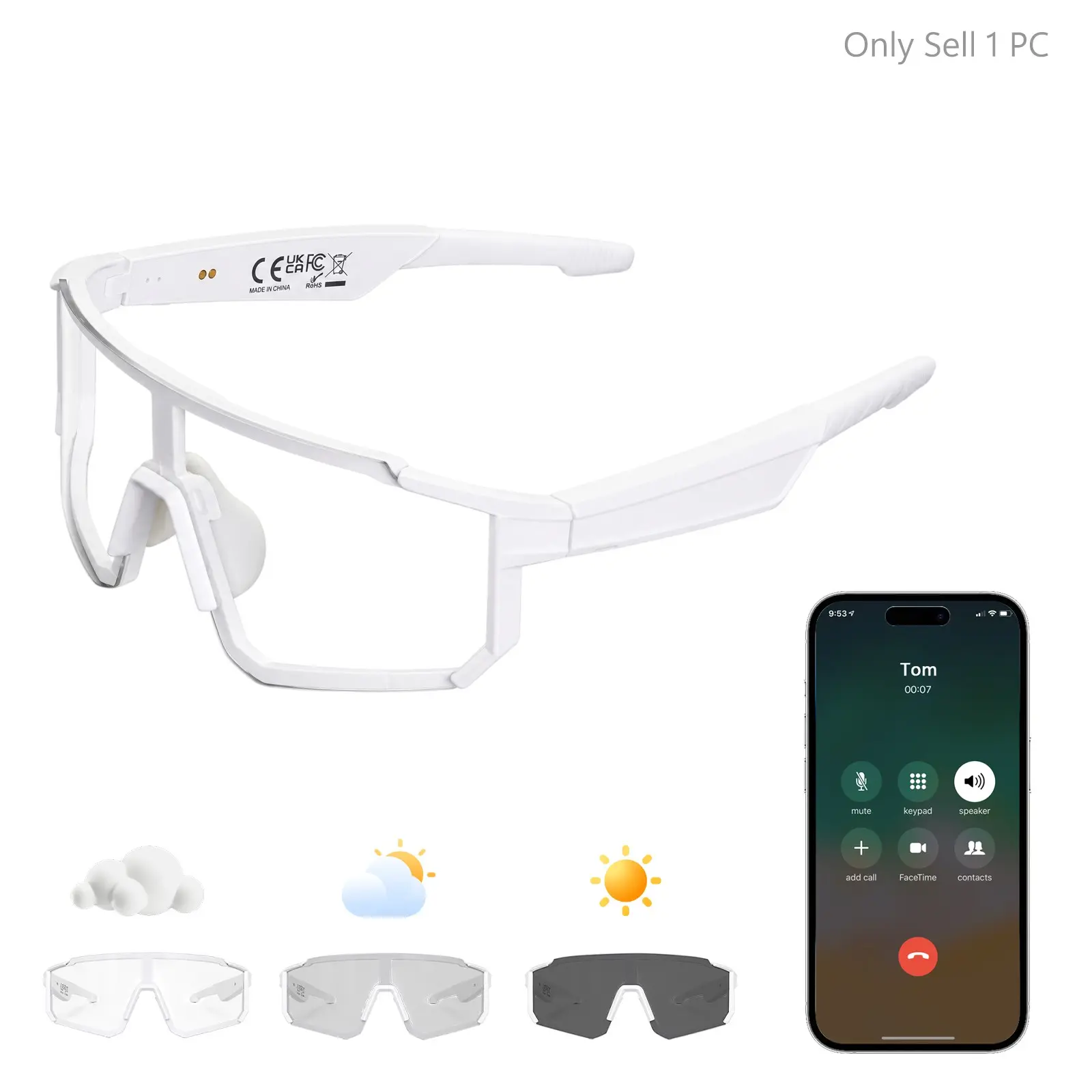 Photochromic Bluetooth Smart Glasses, Wireless Headphone Glasses, Open-Ear Audio Sports Sunglasses with Hands-Free Calls and Voice Assistant for Cycling Running Fishing Hiking