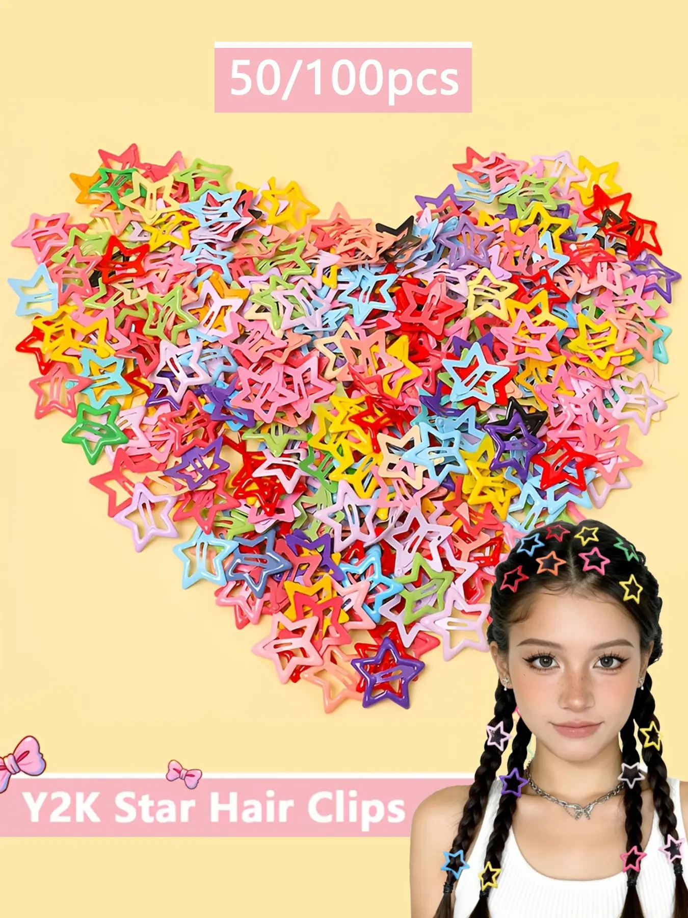 50/100pcs colorful star hair clip, Hair Clip Set, pentagram dopamine, bangs hair clip, ponytail/dirty braid decorative hair clip, suitable for campus, parties, vacations, music festivals, women's accessories, Super Cute Clips