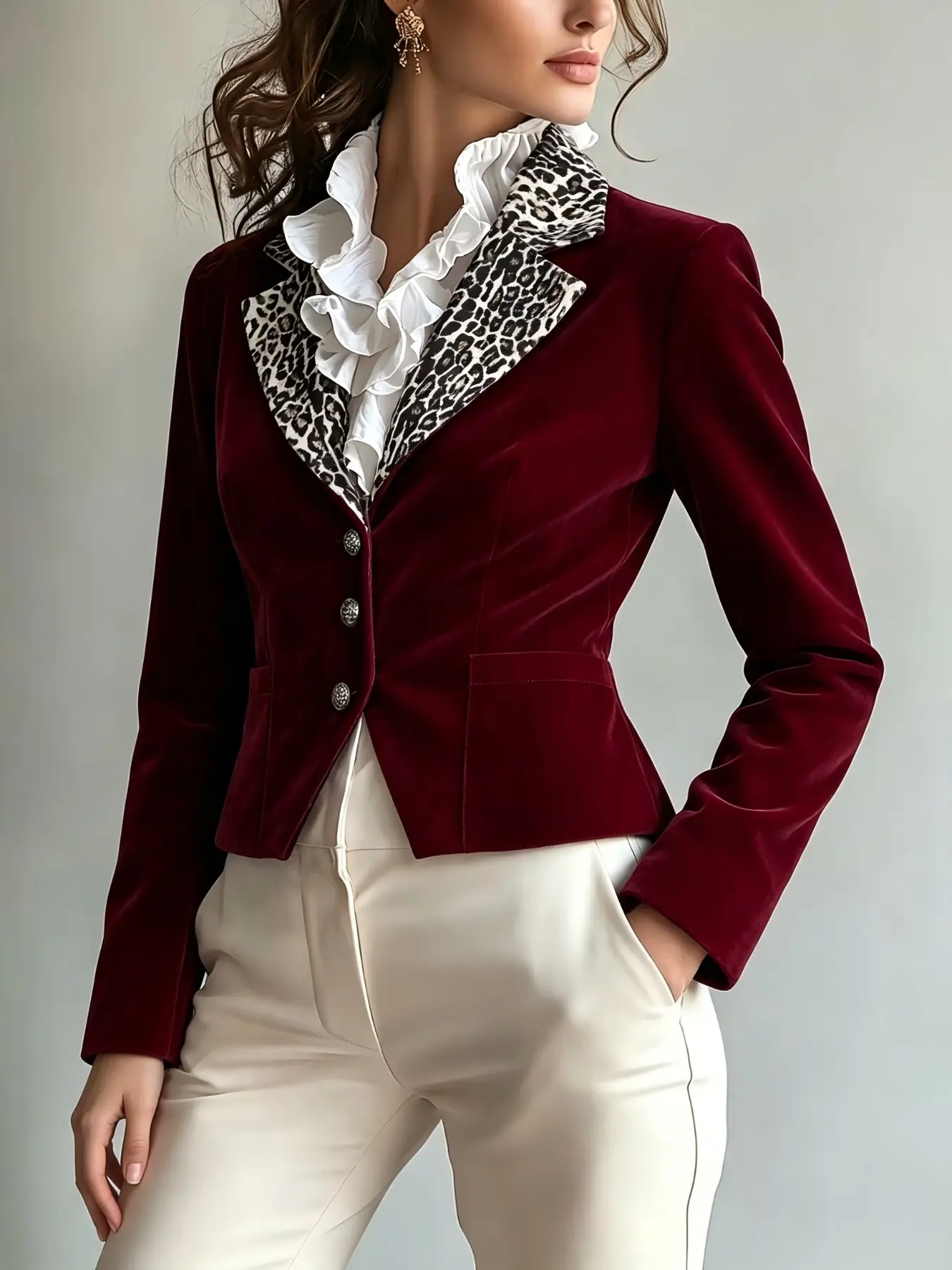 Fall Winter French Vintage Wine Velvet Short Blazer, Leopard Patchwork Lapel Metal Button Waistcoat, Elegant High-Waisted Jacket Chic
