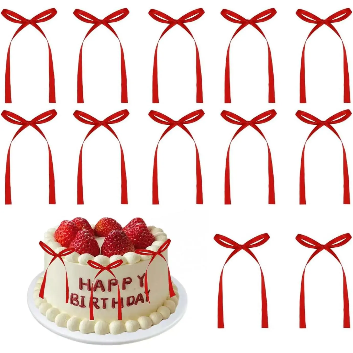 20 count Red Bow Cupcake Toppers,Red Ribbon Bow Cake Decorations,Bowknot Ribbons , High Footed Cup Balloon Wall Party Decorations,Bridal Wedding Cake Dessert  Party Supplies