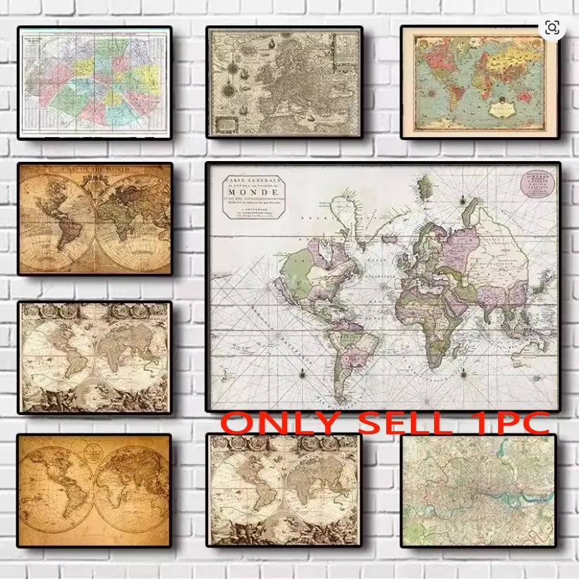 1pc Unframed Vintage Design World Map Canvas Print Classic Earth Painting Poster for Living Room Home Office Study Wall Art Decor (30 Styles Available)