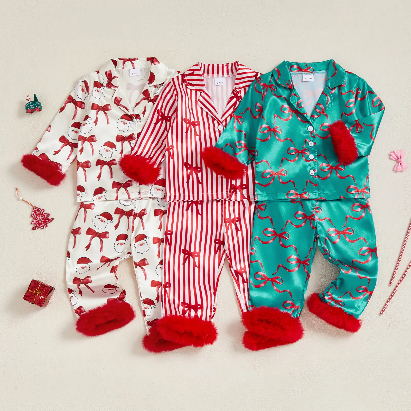 FOCUSNORM Toddler Baby Kids Girls Christmas Pajamas Set Bow Print Long Sleeve Tops with Elastic Waist Pants Fall Winter Sleepwear 6M-7Y