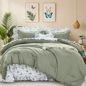 Queen Comforter Set, 8 Pieces Farmhouse Bed in a Bag Queen, Bedding Set Queen Size with Sage Green Comforter, Ruffle Floral Pillowcases & Flat Sheet, Floral Fitted Sheet