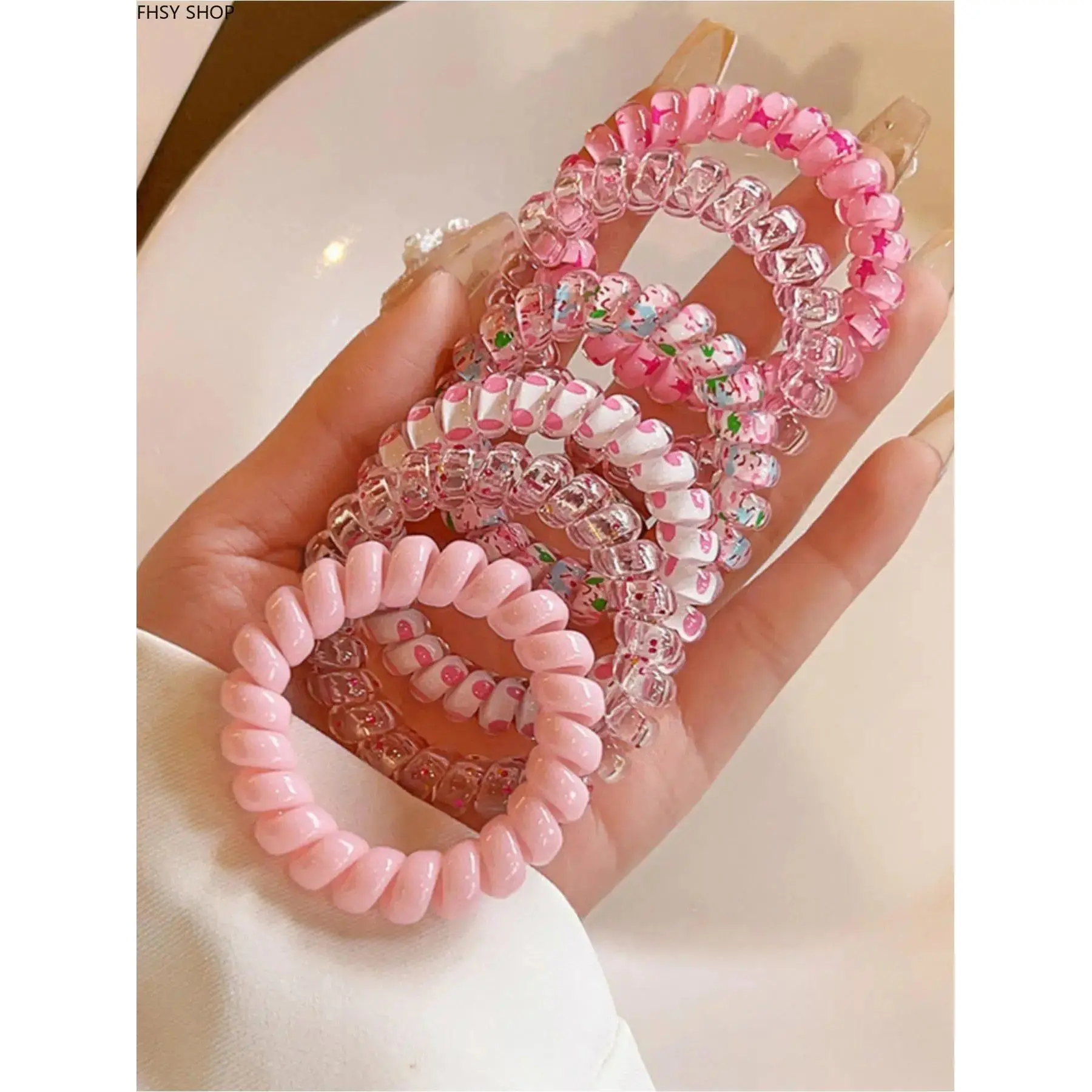 Floral & Polka Dot Coil Hair Ties for Women, Beaded Spiral Scrunchies with Stretchy Coil Wire, No-Kink Hair Rings for Thick & Fine Hair, Fashionable Daily Use