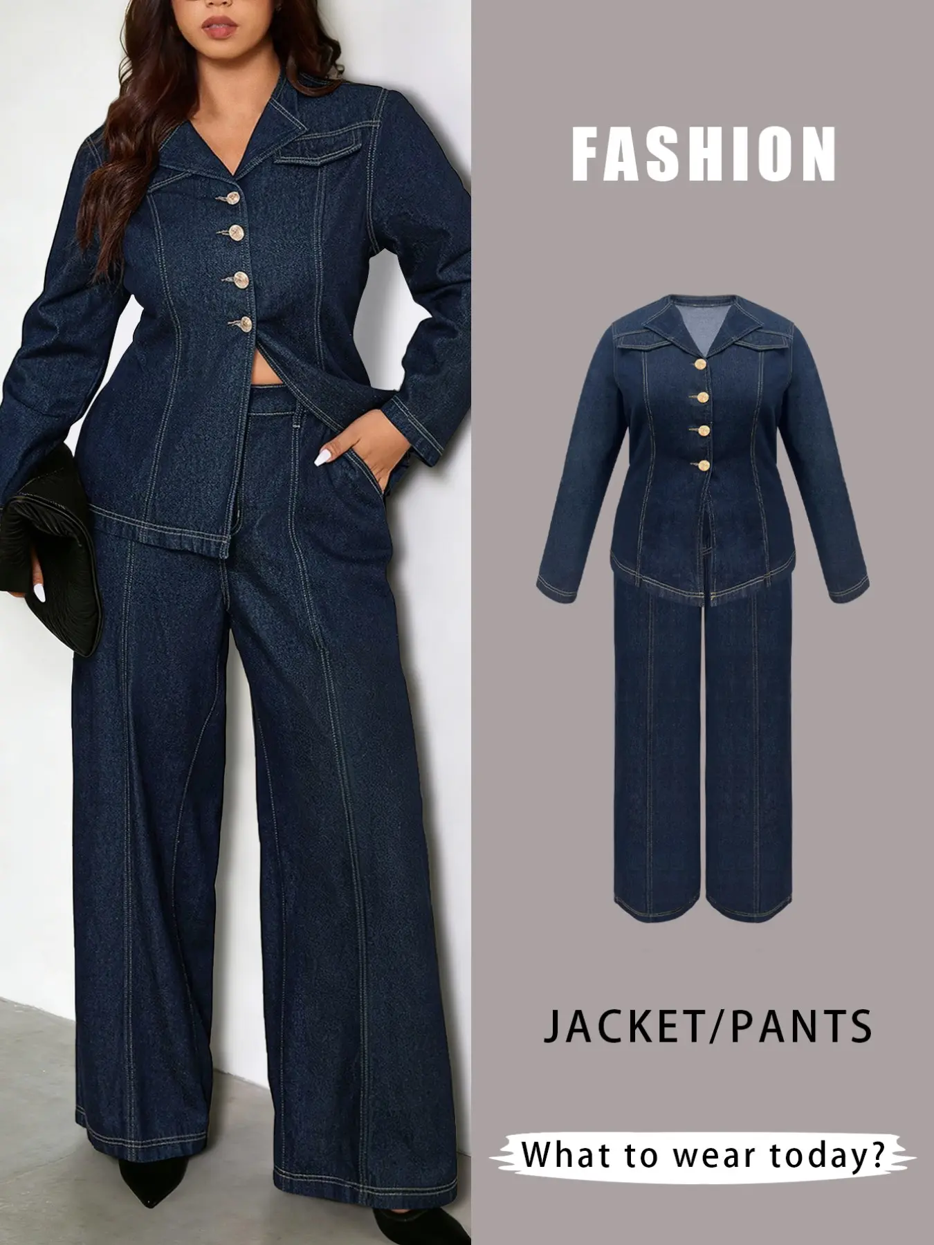 Plus Size Women's Denim Two-Piece Trendy Cardigan Jacket Trouser Suit, Lapel Long-Sleeved Top, Wide-Leg Jeans Overalls