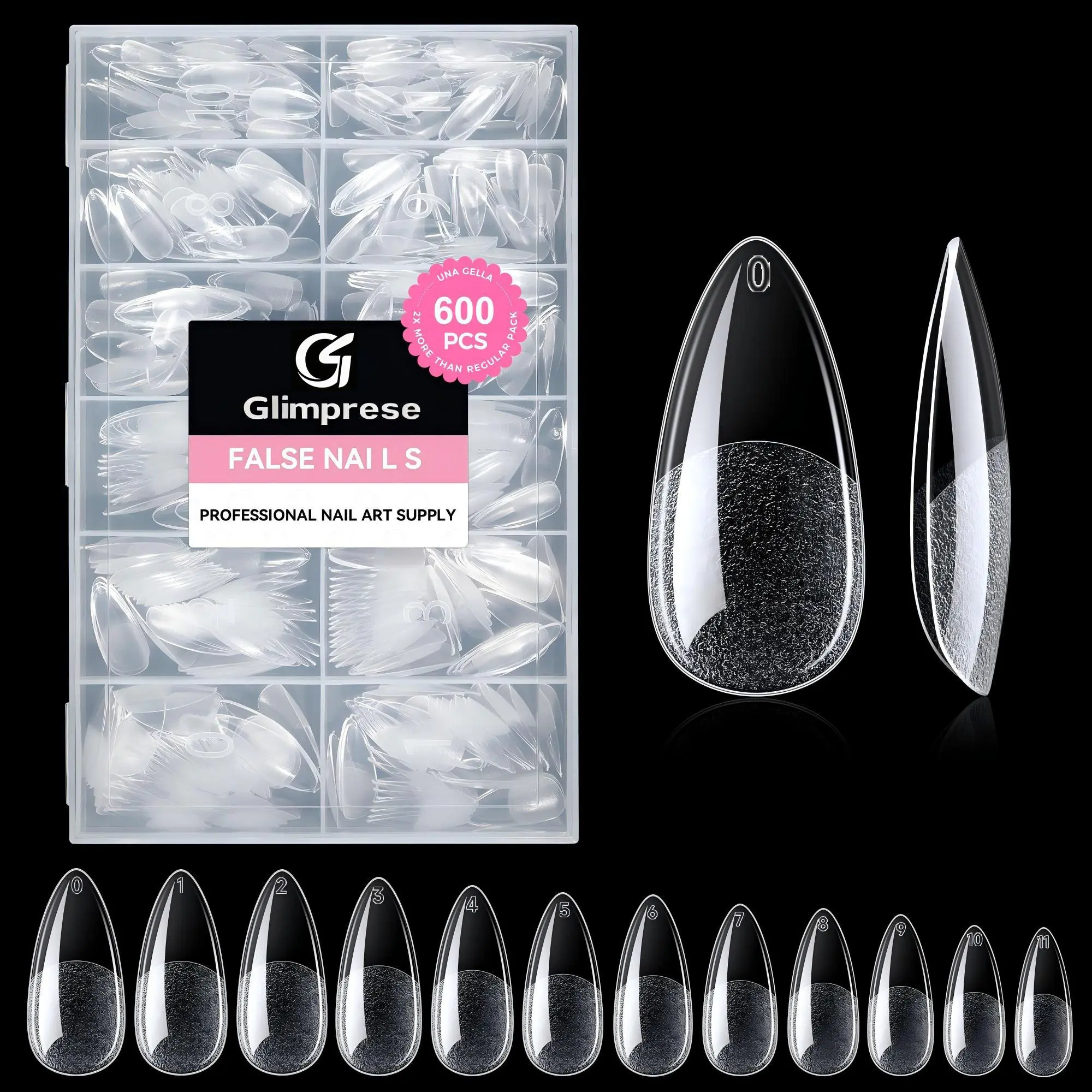 Almond Nail Tips, 600PCS Short Fake Nails Soft Press On Gel Nail Tips Pre Shaped Almond Shape Home Etched Clear Fake Nail Extension Full Cover, False Nails Tips, 12 Sizes Acrylic Gelly Tips Short Medium Long, Nail Art Supplies
