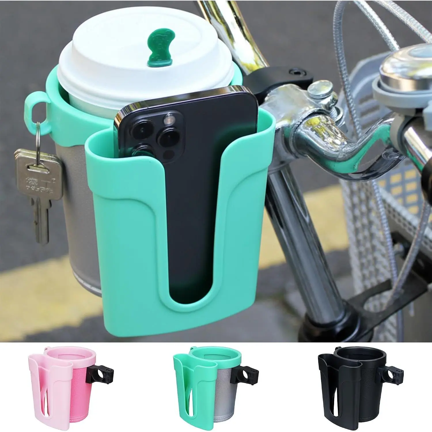 Cup Holder with Phone & Key Storage,  Drink Bottle Mount for Adult Mountain Road E-Bikes & Adult Scooters, Green