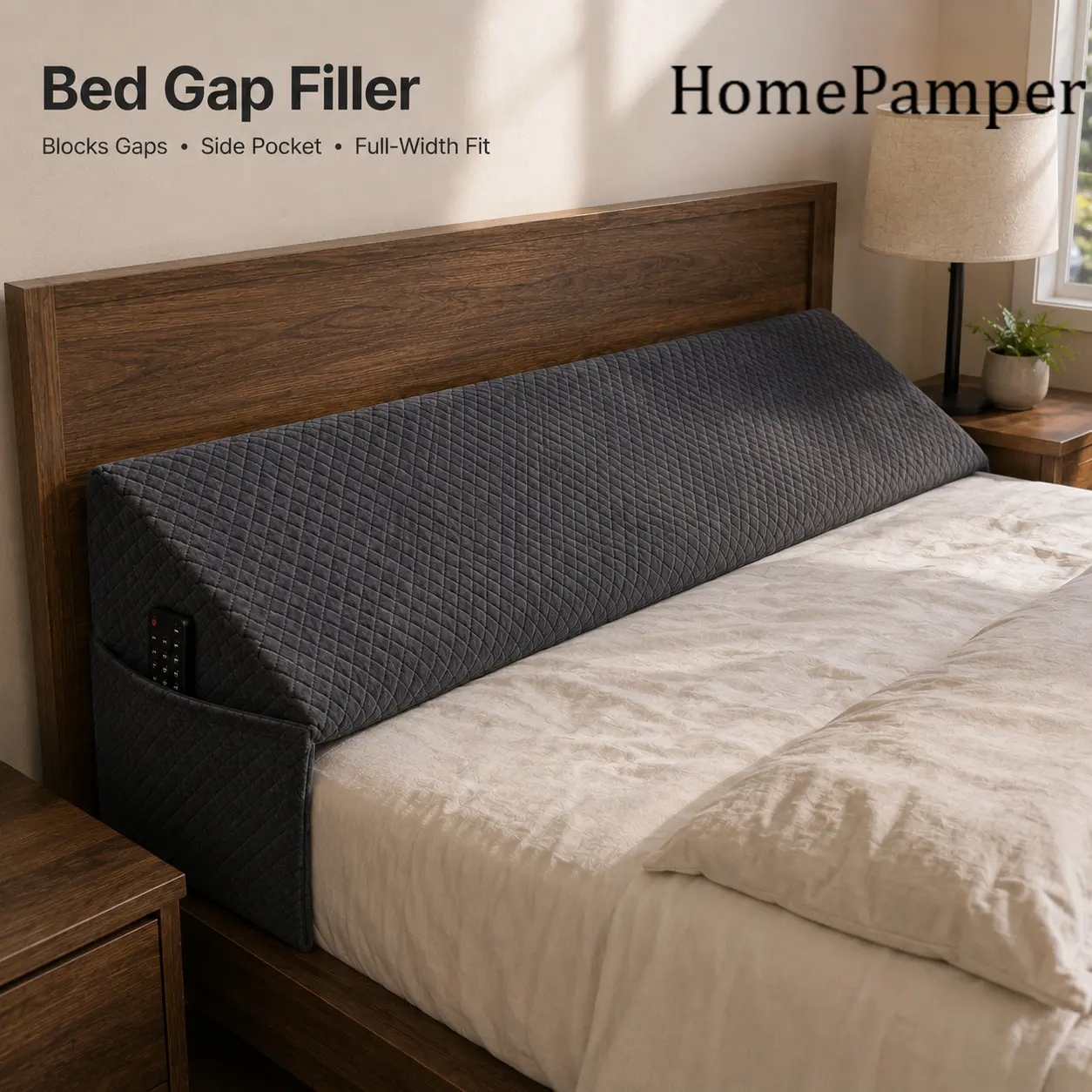 Bed Wedge Pillow with Side Storage Pockets & Quilted Backrest, High Resilience Foam for Reading, Nursing Care & Headboard Gap Filling, Fits Twin/Full/Queen/King Beds, Machine Washable Bedding Support Cushion