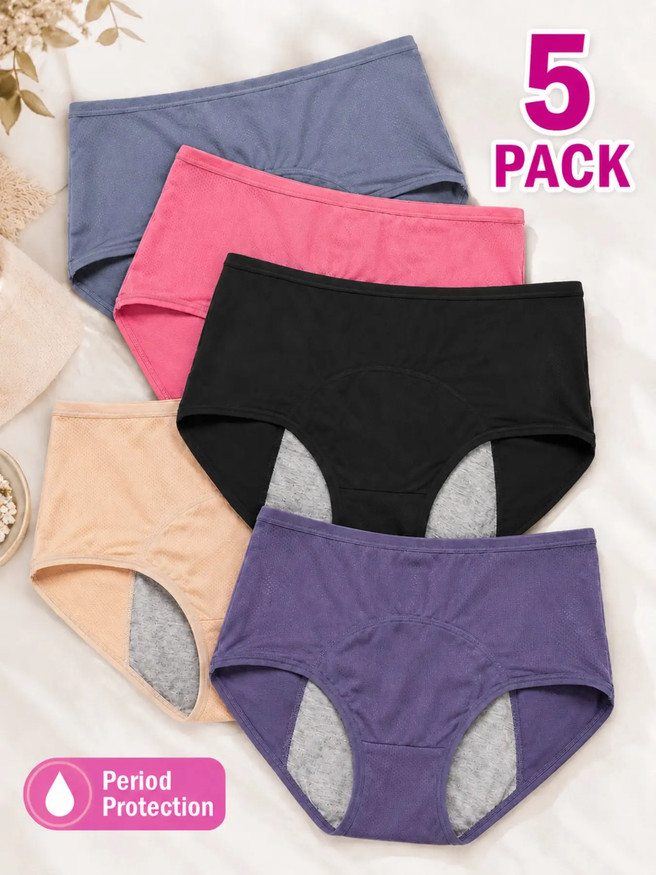 5-Pack Women's High-Waist Period Underwear, Large Size Leak-Proof, Soft Breathable, Sizes M-6xl, Casual All-Season Fitted