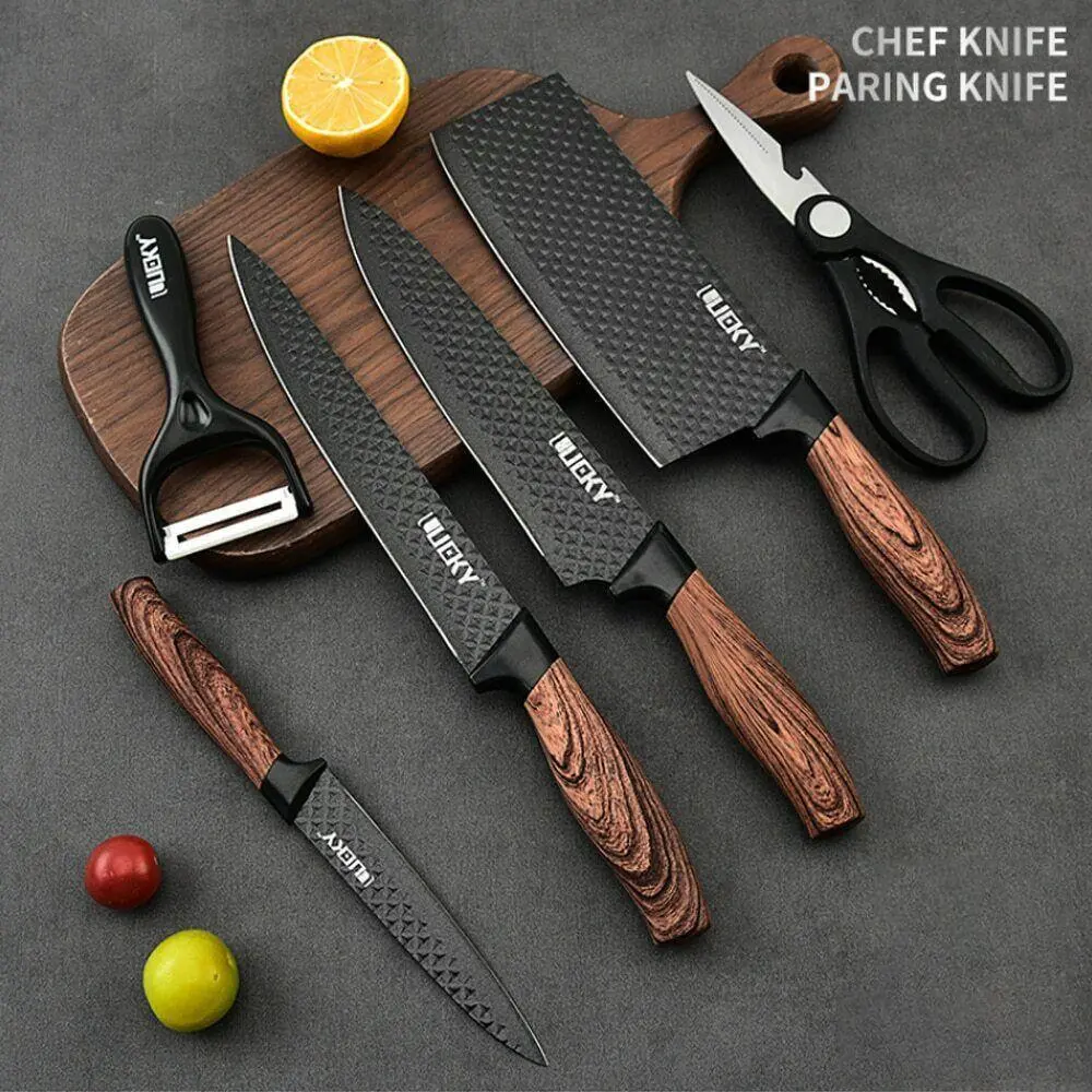 6 Piece Kitchen Knife Set, Chef Knife Set, Black Kitchen Knife Set Sharp Meat Knives for Cooking, Non-Stick Stainless Steel, Ergonomic Design Wood Handle, Chef's Knife, Small Cleaver, Meat Cleaver, Paring Knife, Scissors