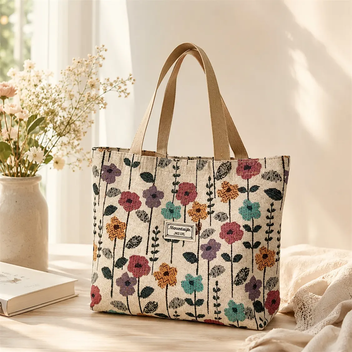 Women's Vintage Wildflower Floral Canvas Tote Bag - Large Capacity Reusable Work Bag, Casual Everyday Shoulder Handbag for Travel, Grocery, Tote Bags