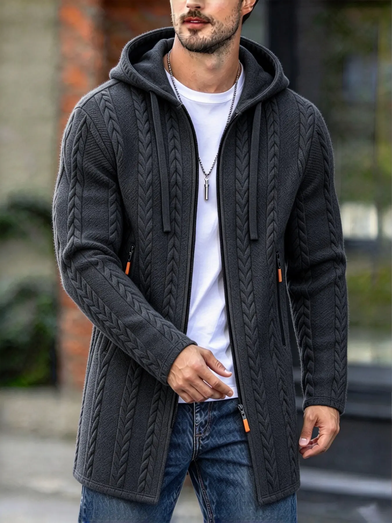 Men's Loose Fit Casual Knit Coat, Medium-Length Hooded Pullover, Warm Windproof Knitted Outerwear for Fall & Winter, Solid Pattern