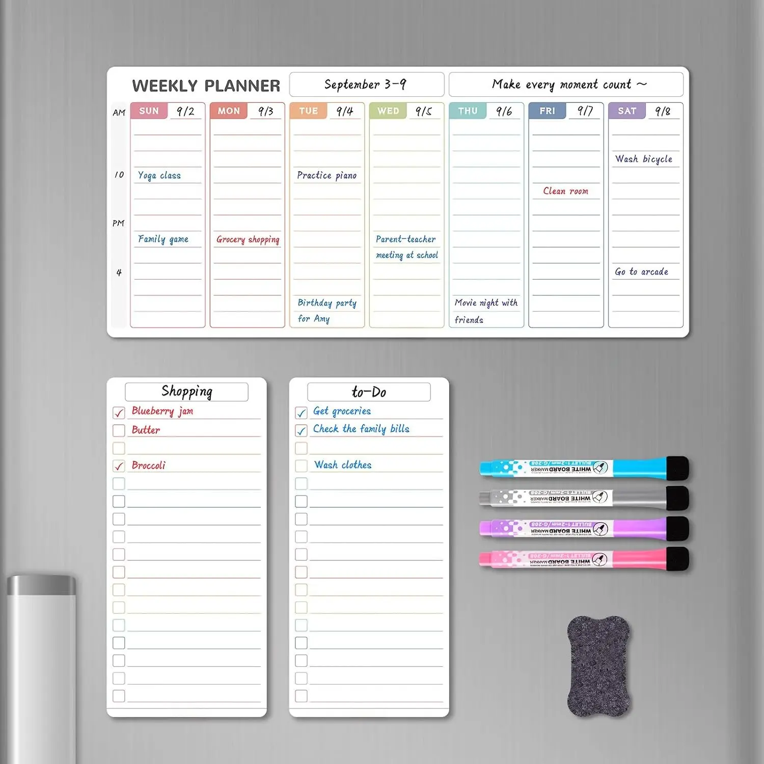 Dry Erase Weekly Planner for Fridge - Refrigerator Whiteboard Weekly Calendar Set, Includes 2 List Boards, 4 Markers & Eraser, Colorful