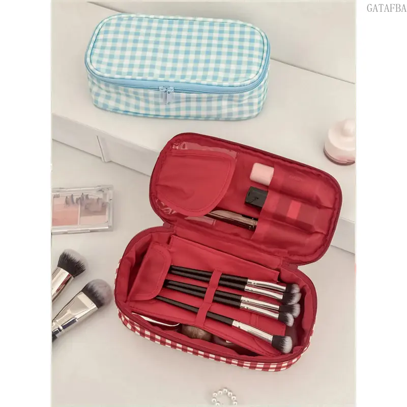 Plaid Travel Cosmetic Bag, Multi-Compartment Zipper Makeup Organizer, Portable Toiletry Storage Bag with Makeup Brush Slot, Travel Cosmetic Pouch,back to school,back to school haul
