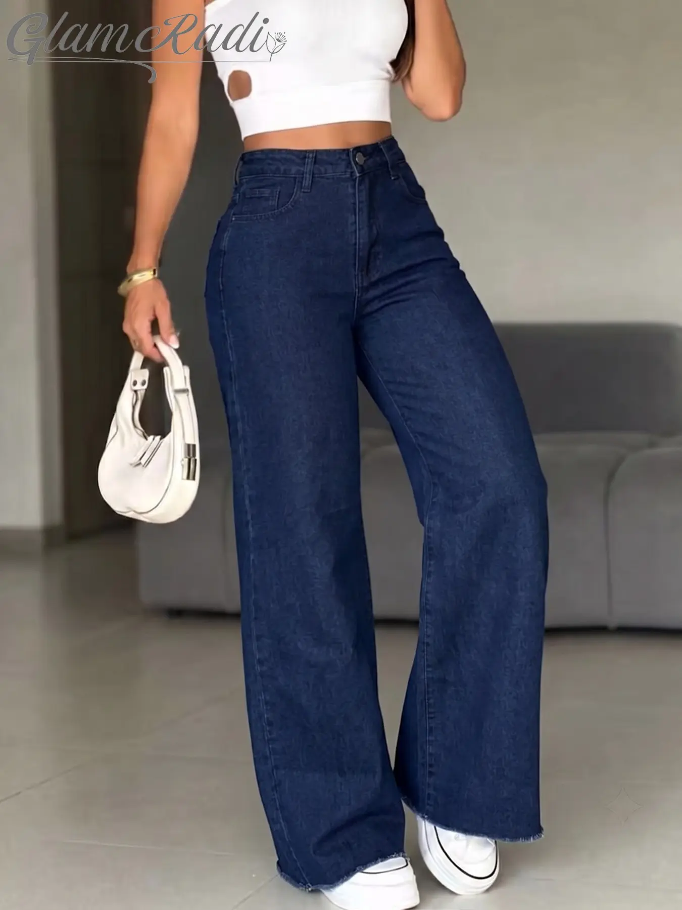 Deep Blue High-Waisted Denim Jeans for Women, Elastic Waist, Flare Leg, Retro Vintage Style, Daily Wear, Office, Casual, Streetwear