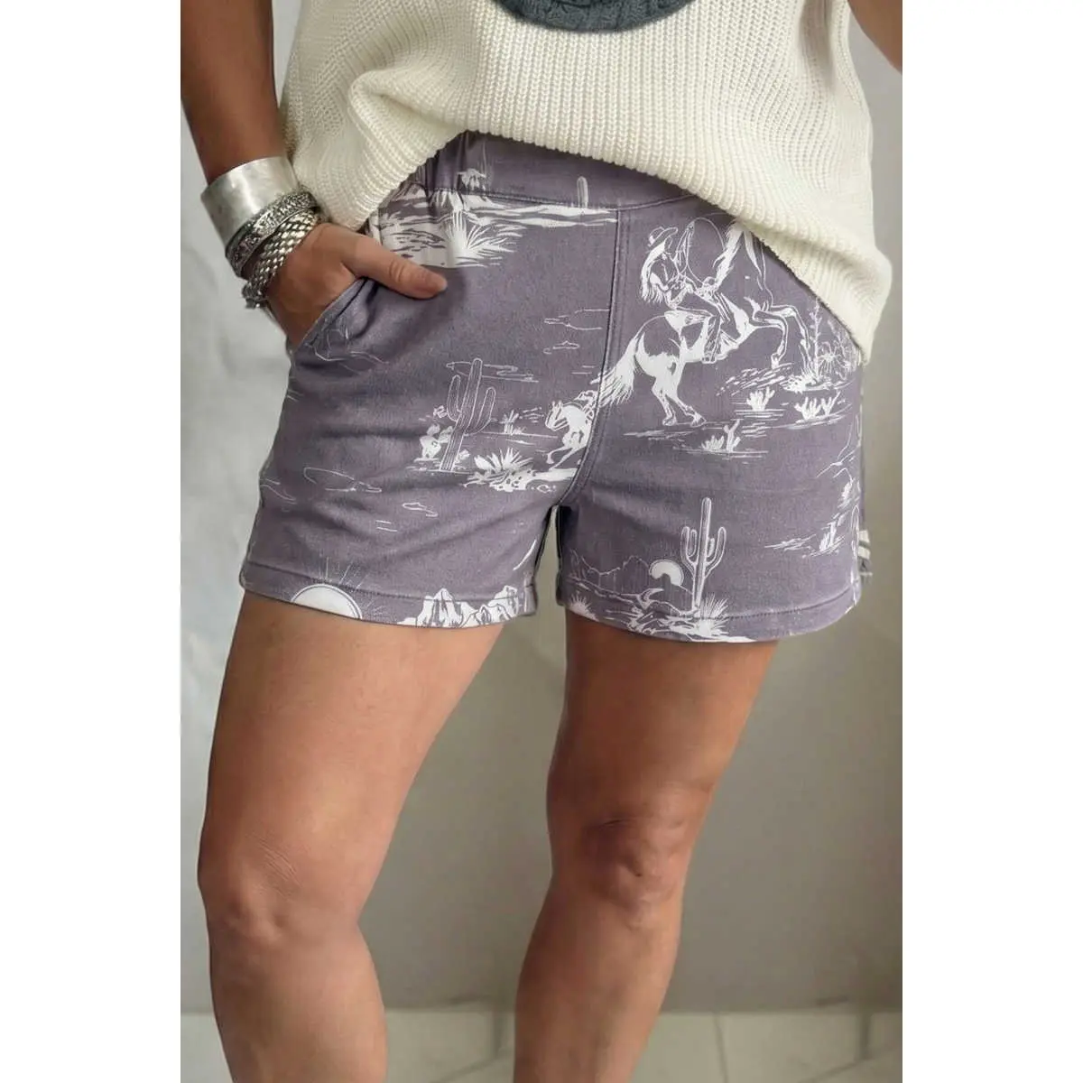Women's Soft Cotton Denim Shorts - Authentic Cowboy Graphics, Casual Relaxed Fit, Elastic Band Waist, Inclusive for Every Body Type, Fabric, Western Cowboy Graphics, All-Day Wear, Cotton Blend, Bottom, Lady, Elastane, Inclusive Sizes, Bottoms, Western Wea