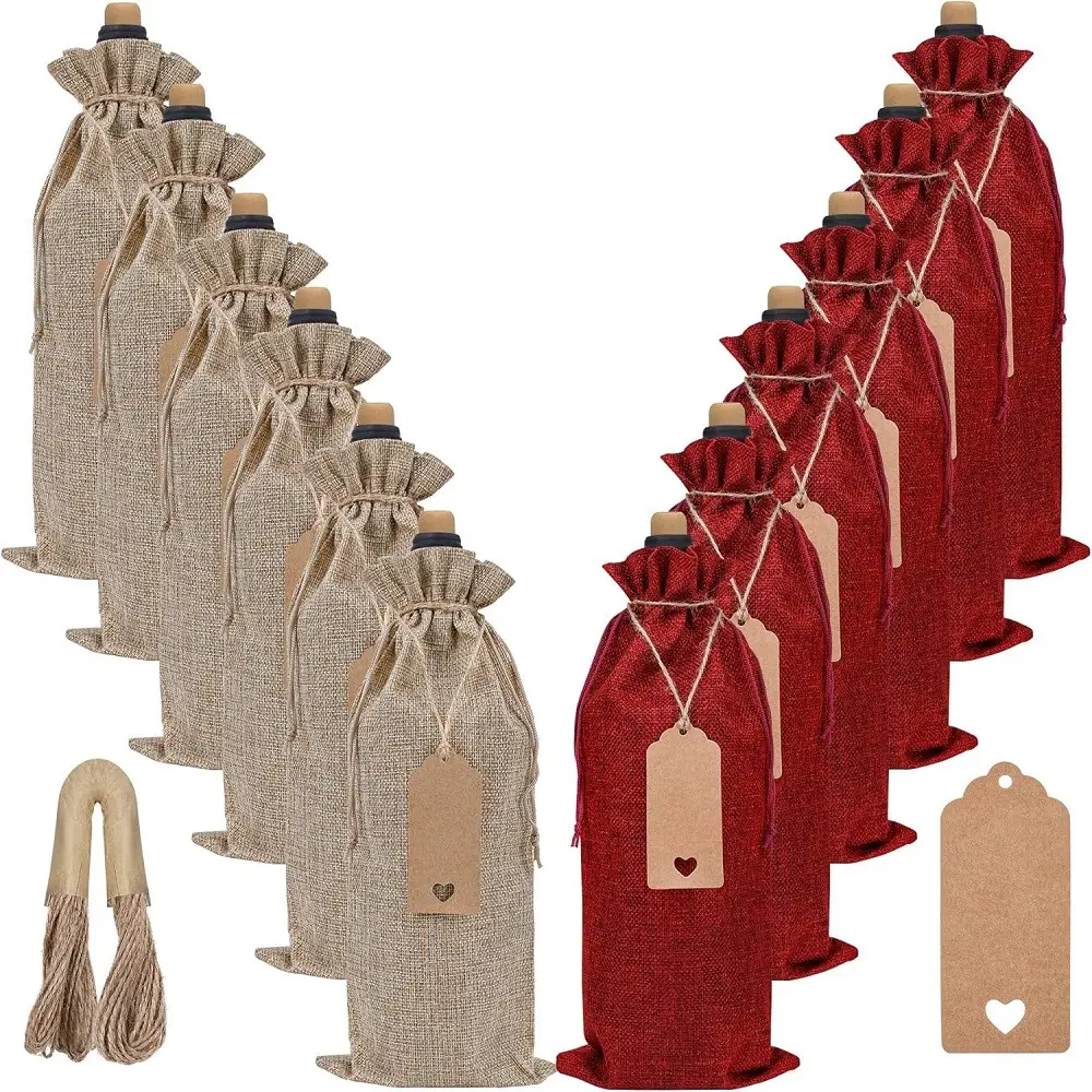 Reusable Wine Bag Set, 12pcs with Drawstrings, Tags & Rope, Ideal for Halloween, Christmas, Wedding, Birthday, Holiday Parties
