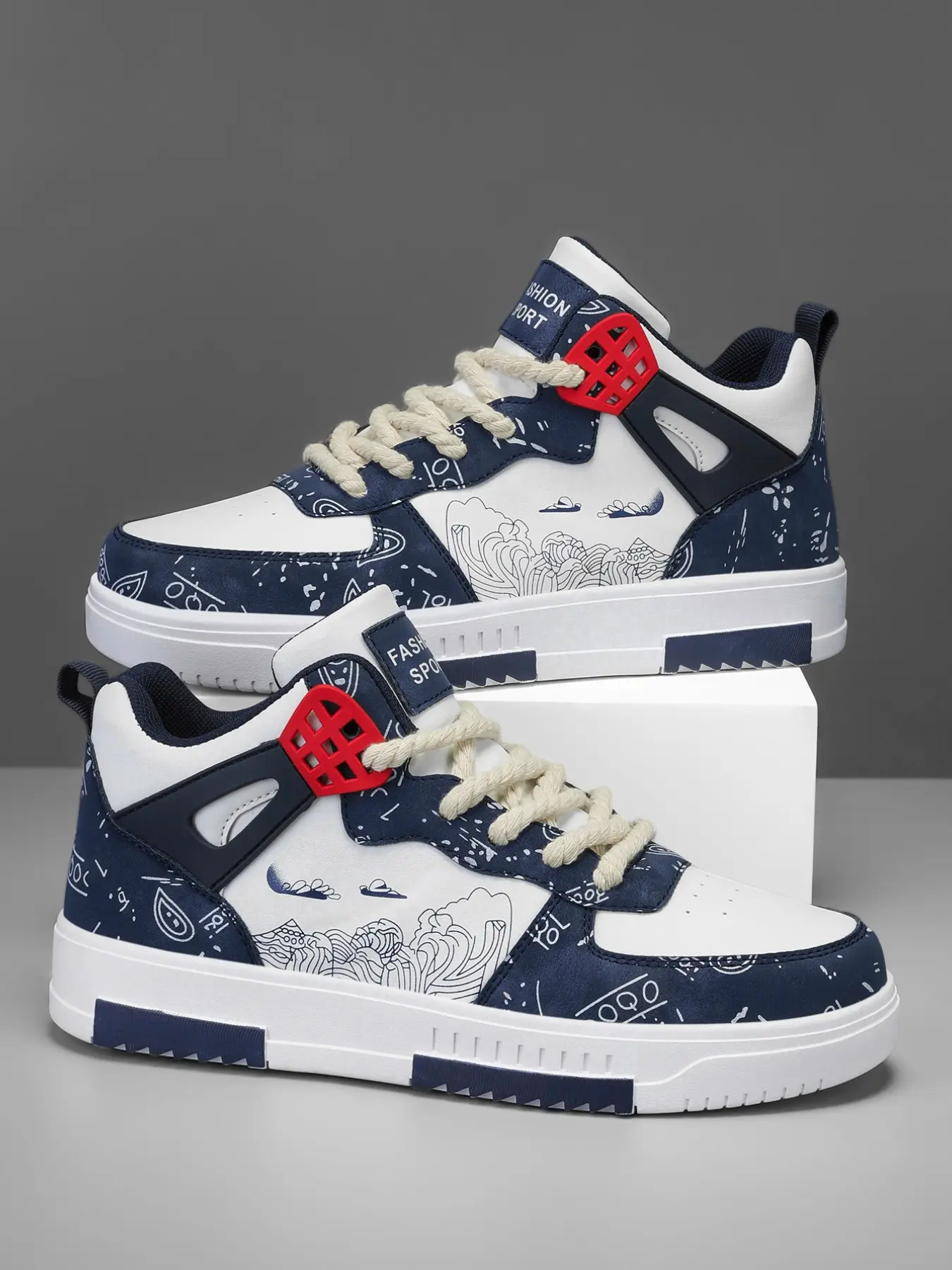 Men's Trendy Patchwork Letter Streetwear High-Top Sneakers, Fashion Graffiti Random Print, Sea Wave Cloud Pattern Casual Sports Shoes, Hightop Casual Sneaker